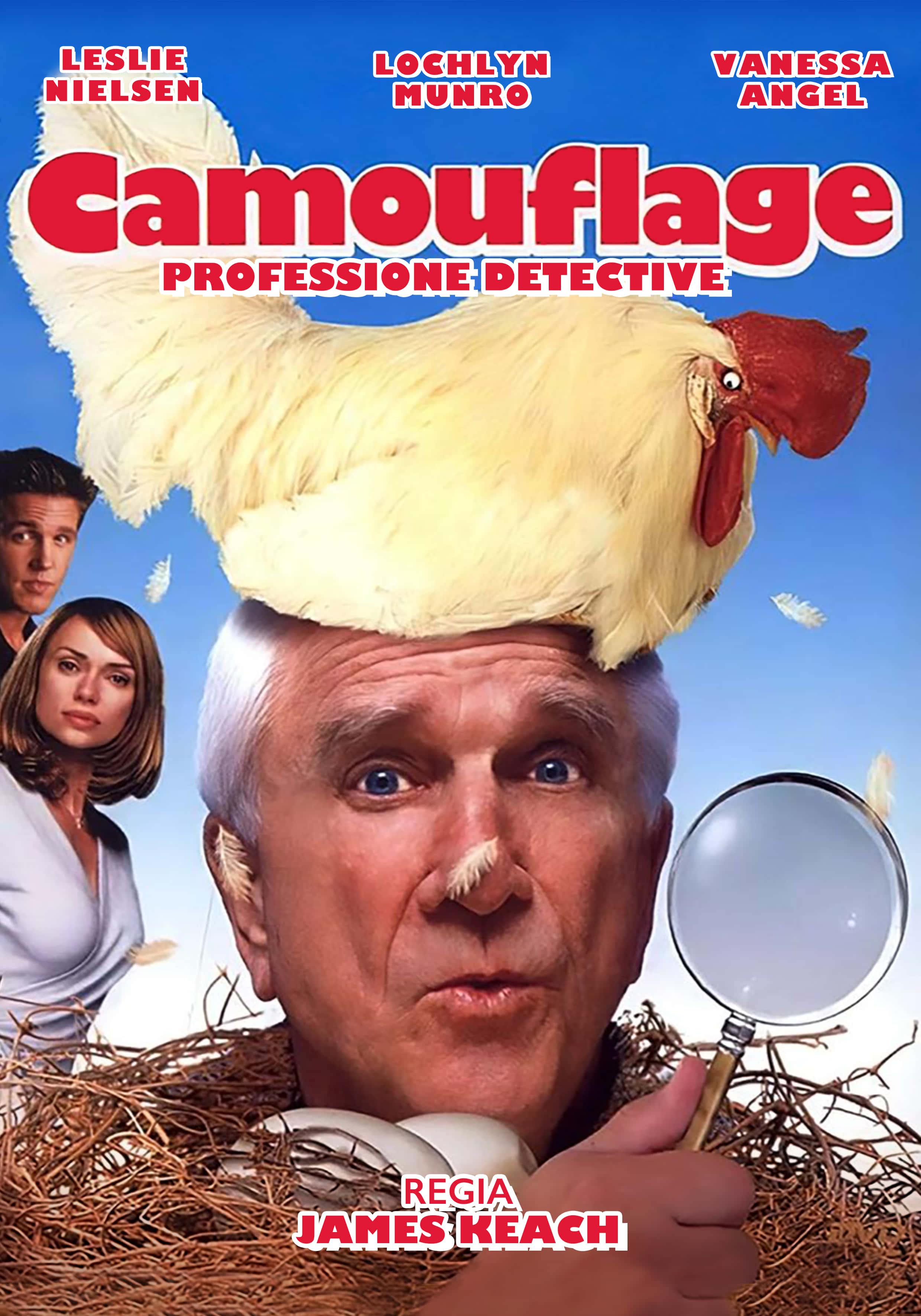 Leslie Nielsen, chicken, magnifying glass, 2K Phone Wallpaper