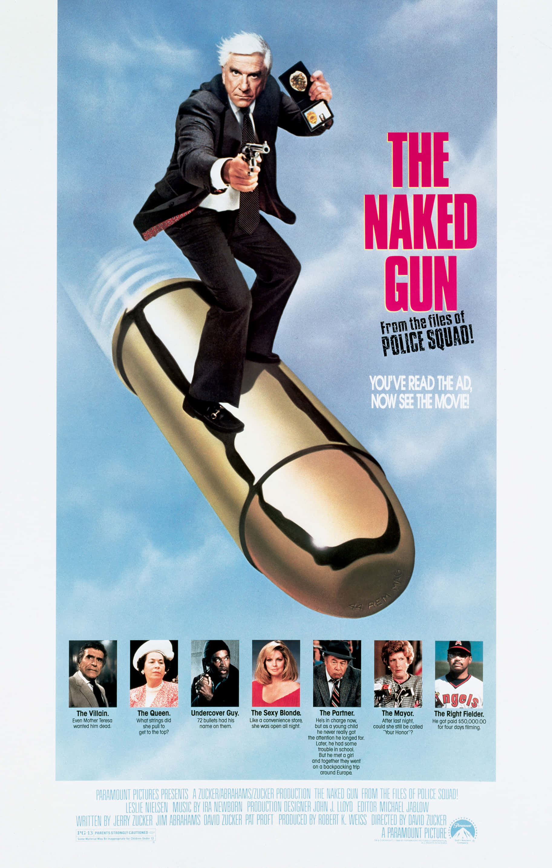 Leslie Nielsen, giant golden gun, blue sky, 2K Phone Wallpaper