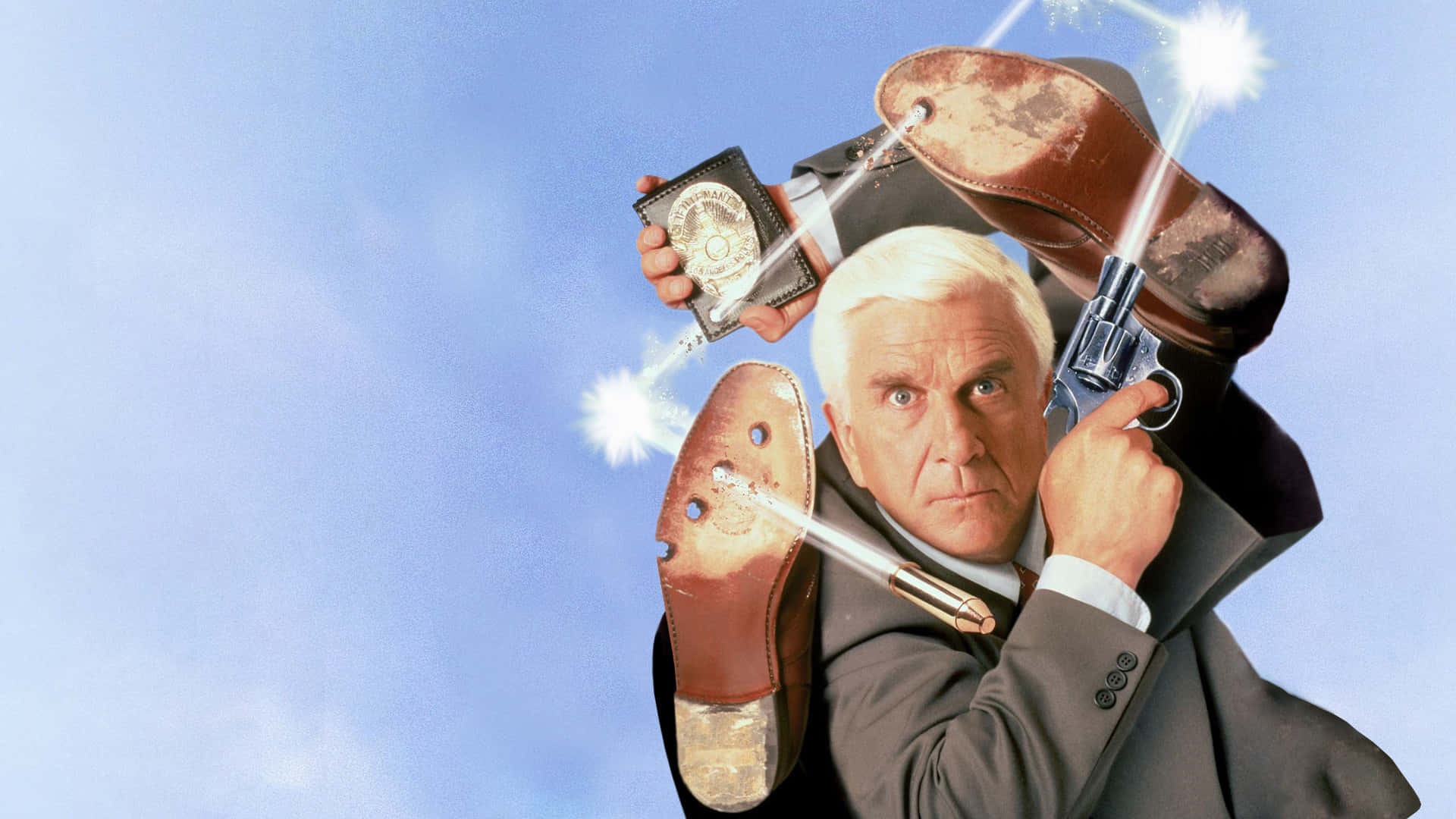 Leslie Nielsen, suit, gun, Full HD Desktop Wallpaper