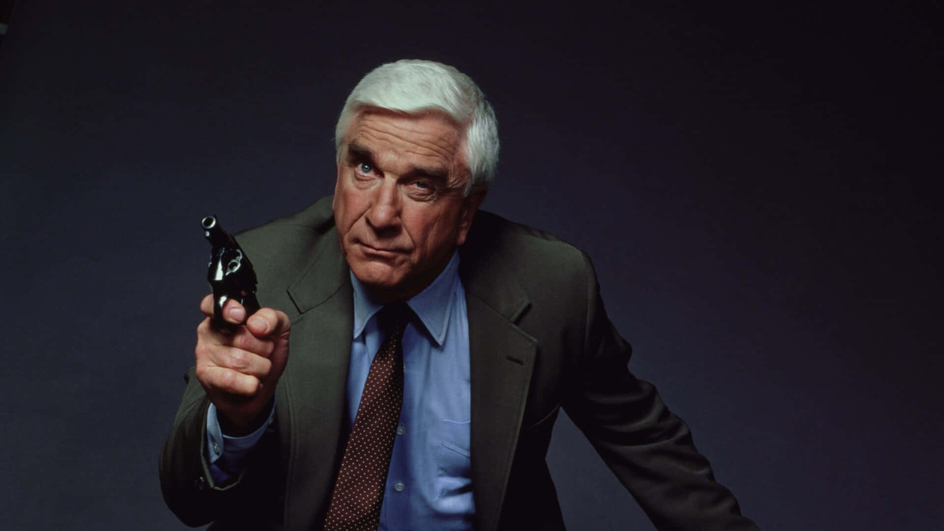 Leslie Nielsen, suit, pistol, Full HD Desktop Wallpaper