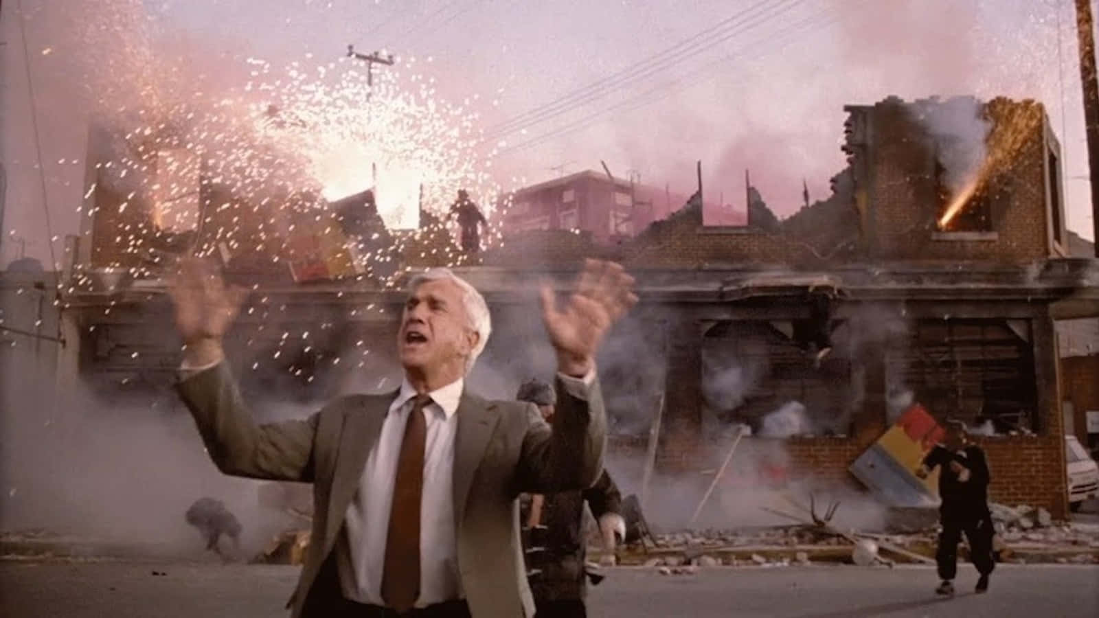 Leslie Nielsen, suit, rubble, HD Desktop Wallpaper