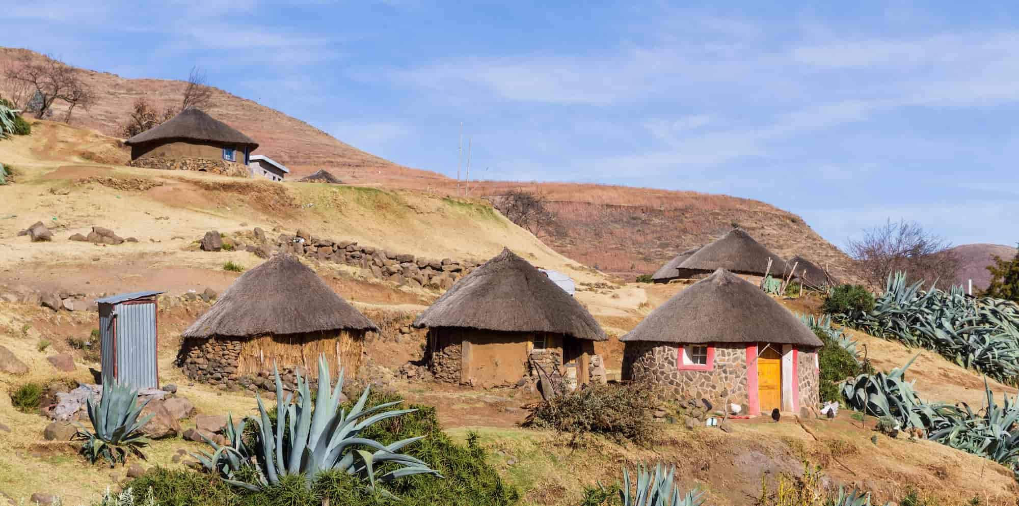 Lesotho, stone mountain huts, thatched-roof huts, Full HD Desktop Wallpaper