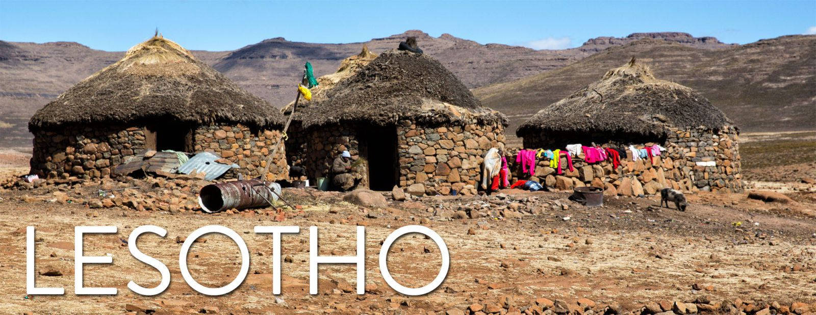 Lesotho, three brick houses, stone huts, HD Desktop Wallpaper