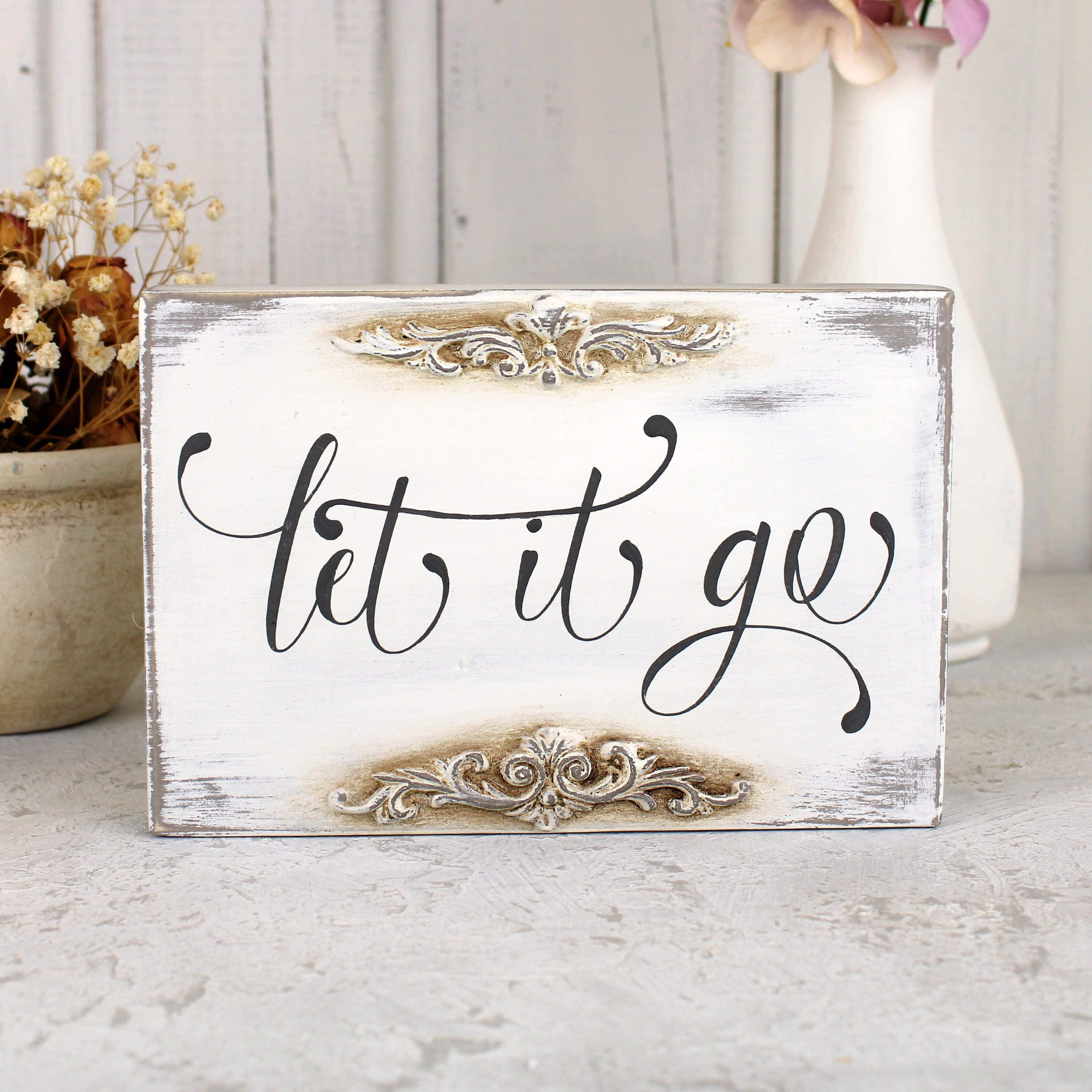 Let it Go, distressed white wooden sign, black cursive text, 2K Desktop Wallpaper