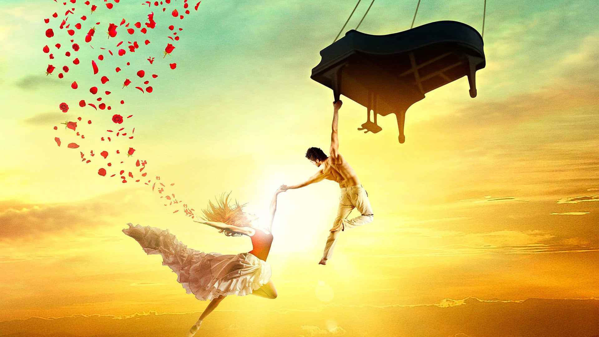 Let Go, golden sunset, red petals, Full HD Desktop Wallpaper