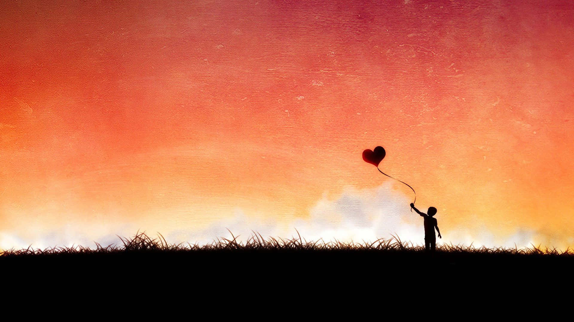 red balloon, heart-shaped balloon, fiery sunset sky, Full HD Desktop Wallpaper