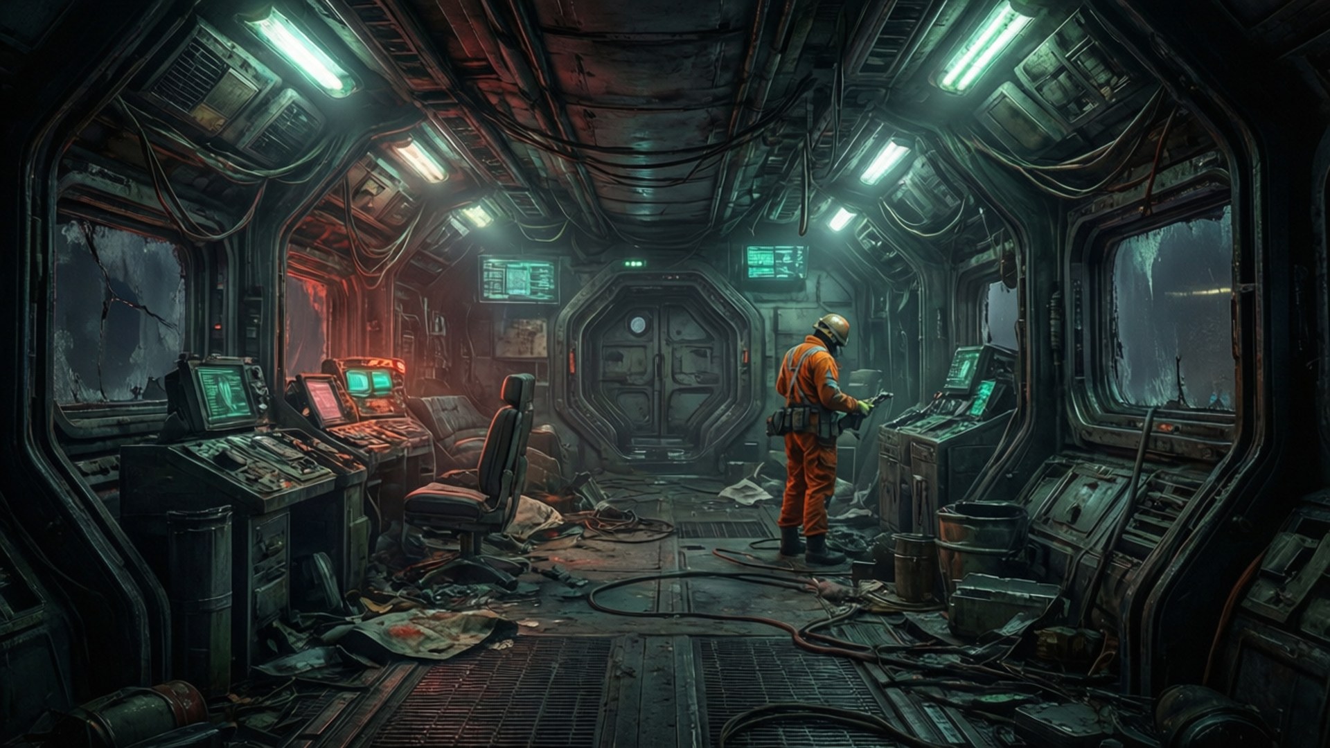 Lethal Company, abandoned ship interior, eerie lighting, Full HD Desktop Wallpaper