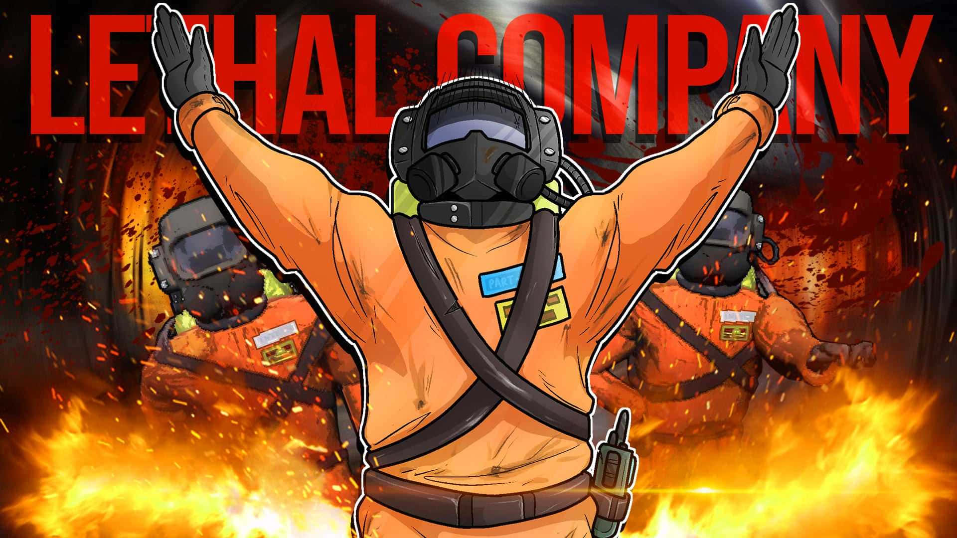 Lethal Company, orange hazmat suit, fiery explosion, Full HD Desktop Wallpaper