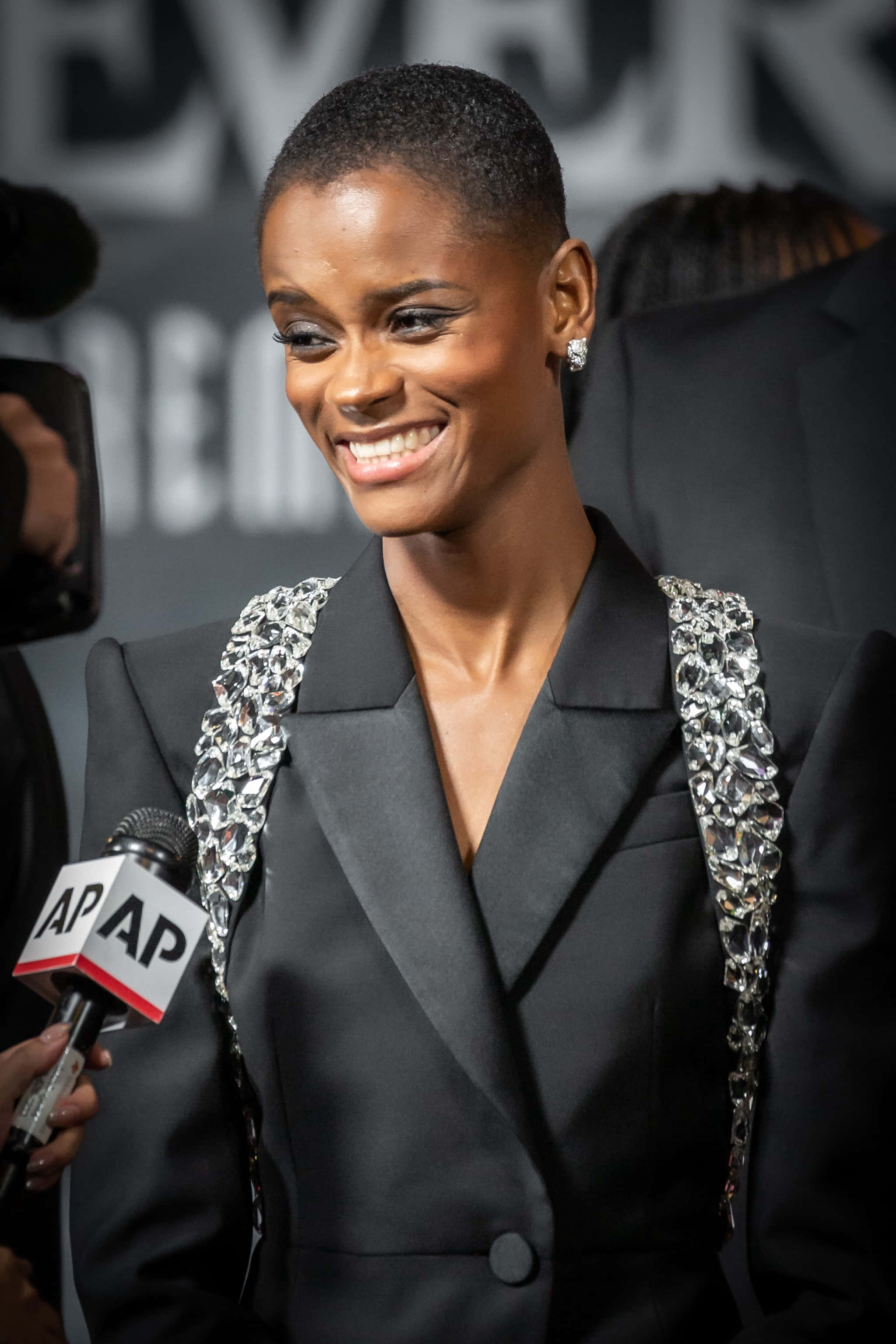 Letitia Wright, black blazer, sparkling crystal shoulder accents, 2K Phone Wallpaper