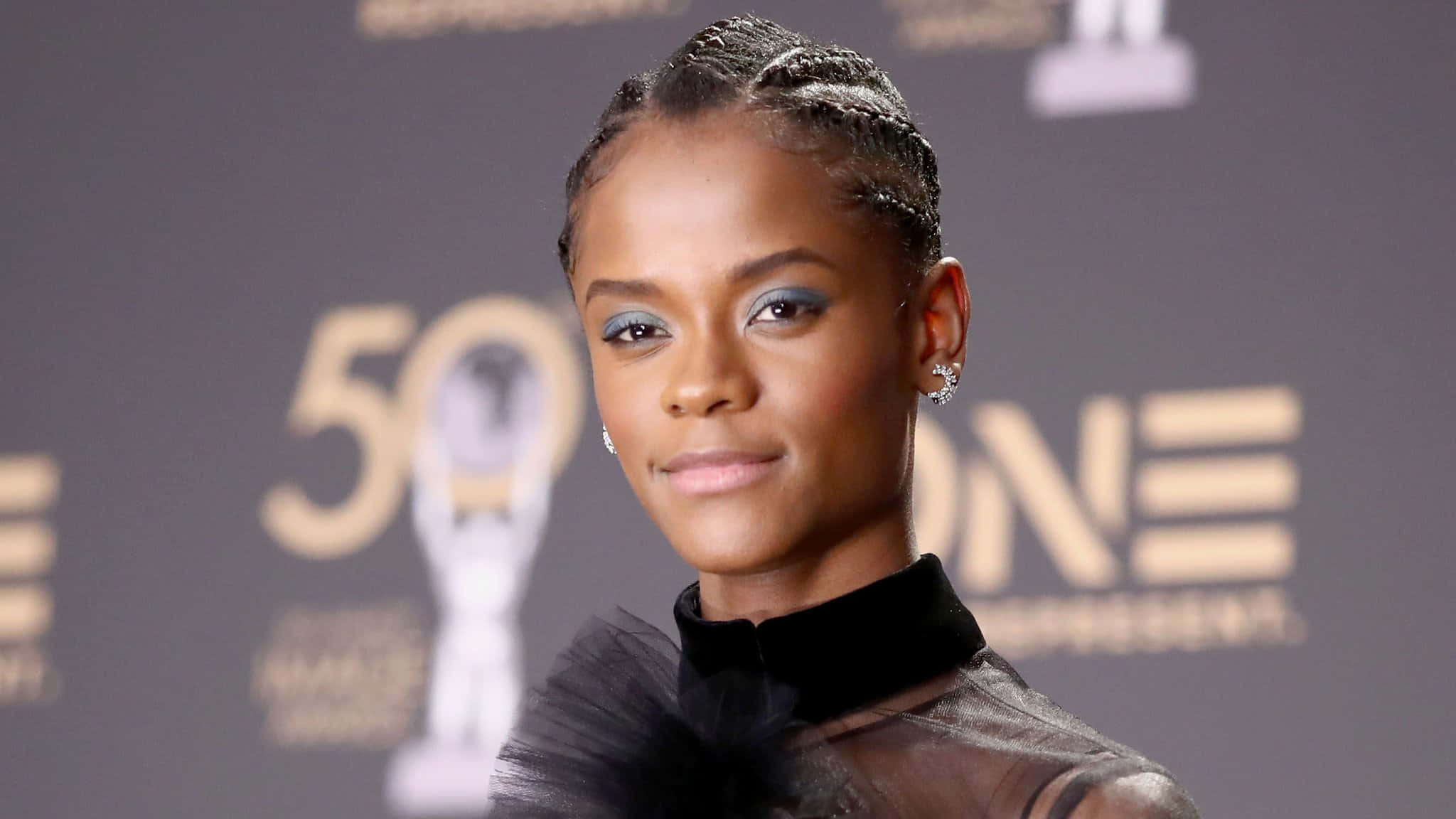 Letitia Wright, black tulle gown, smoky eye makeup, Full HD Desktop Wallpaper