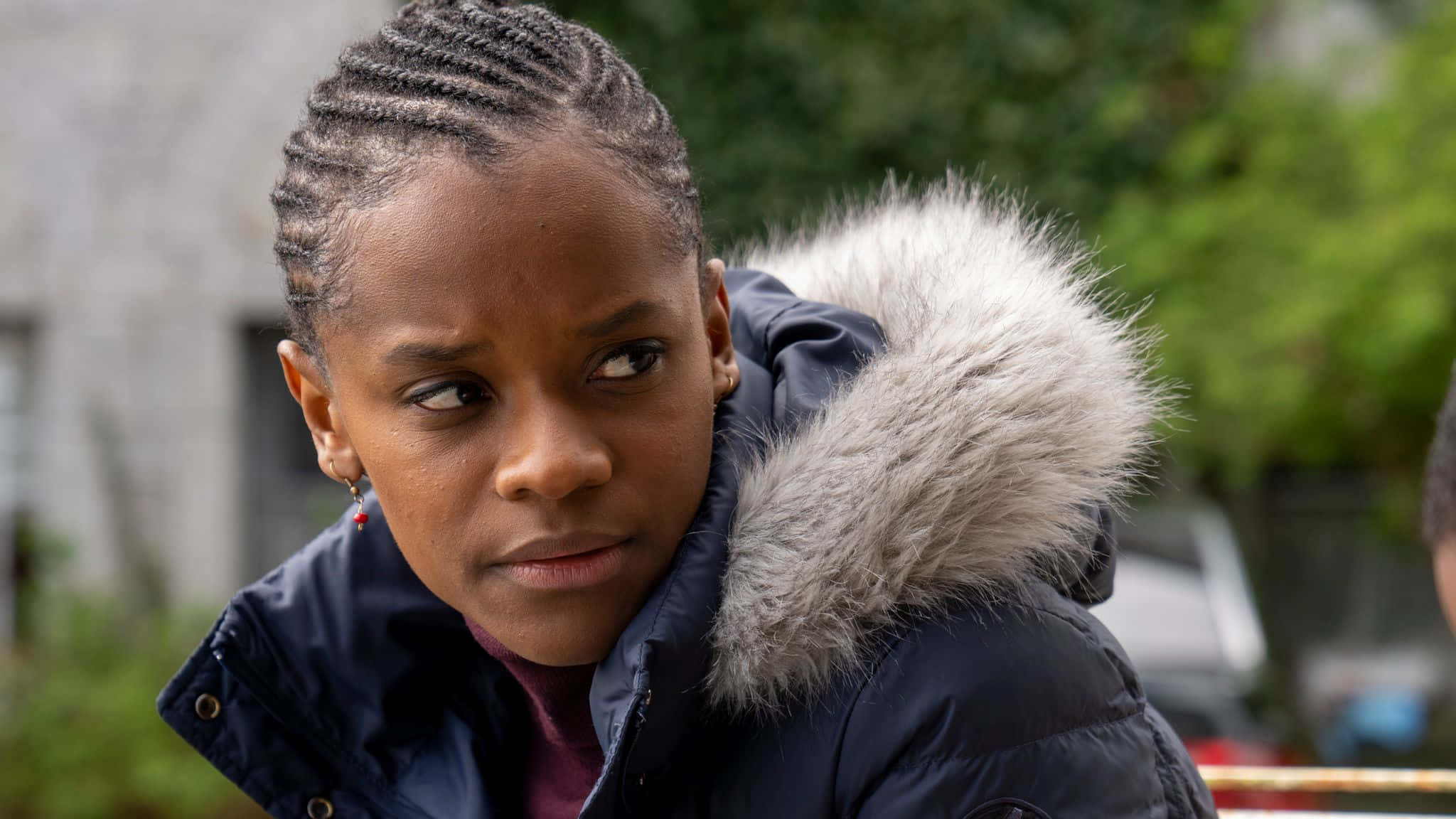 Letitia Wright, dark blue puffer jacket, fluffy grey hood, Full HD Desktop Wallpaper
