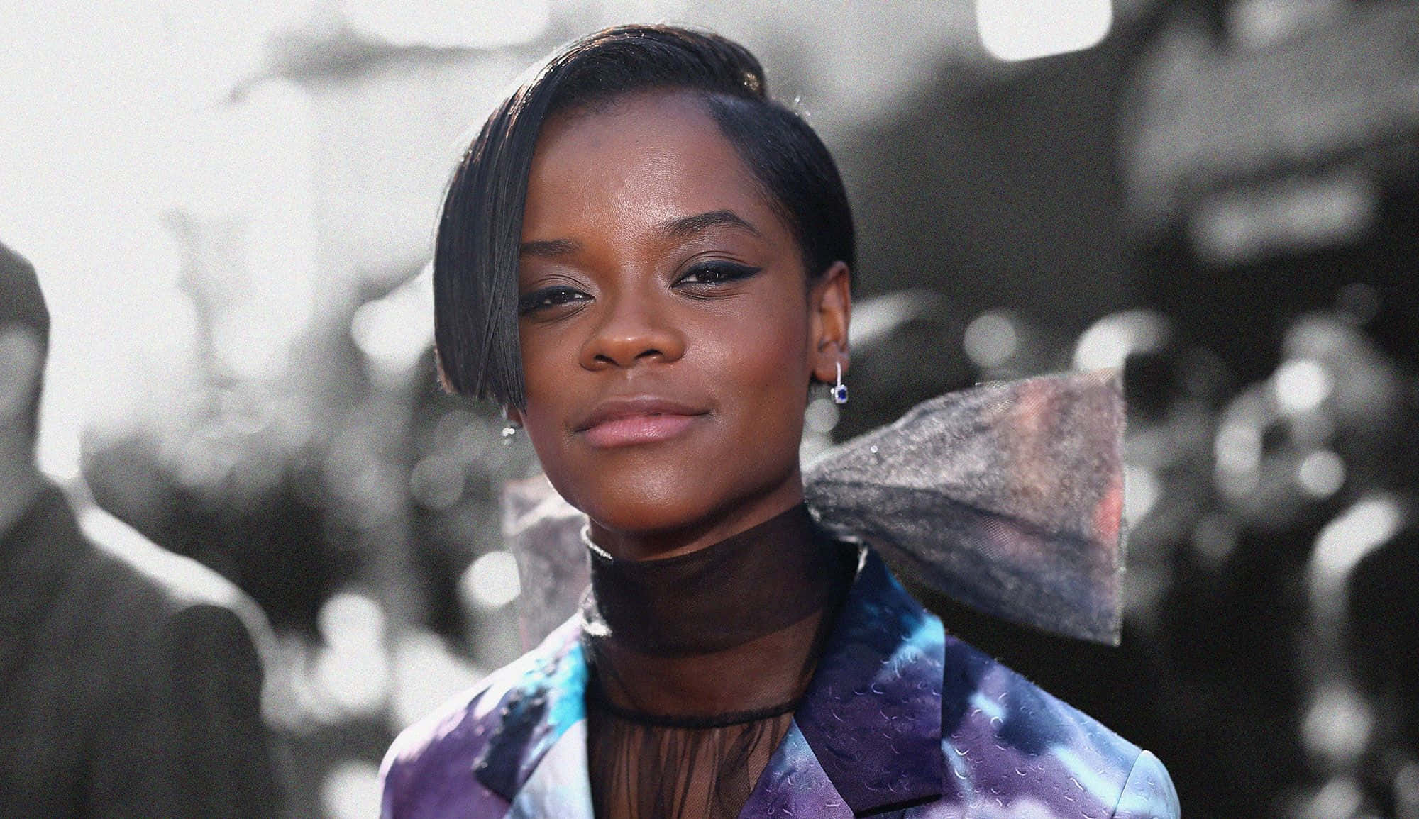 Letitia Wright, galaxy-patterned jacket, large bow, Full HD Desktop Wallpaper