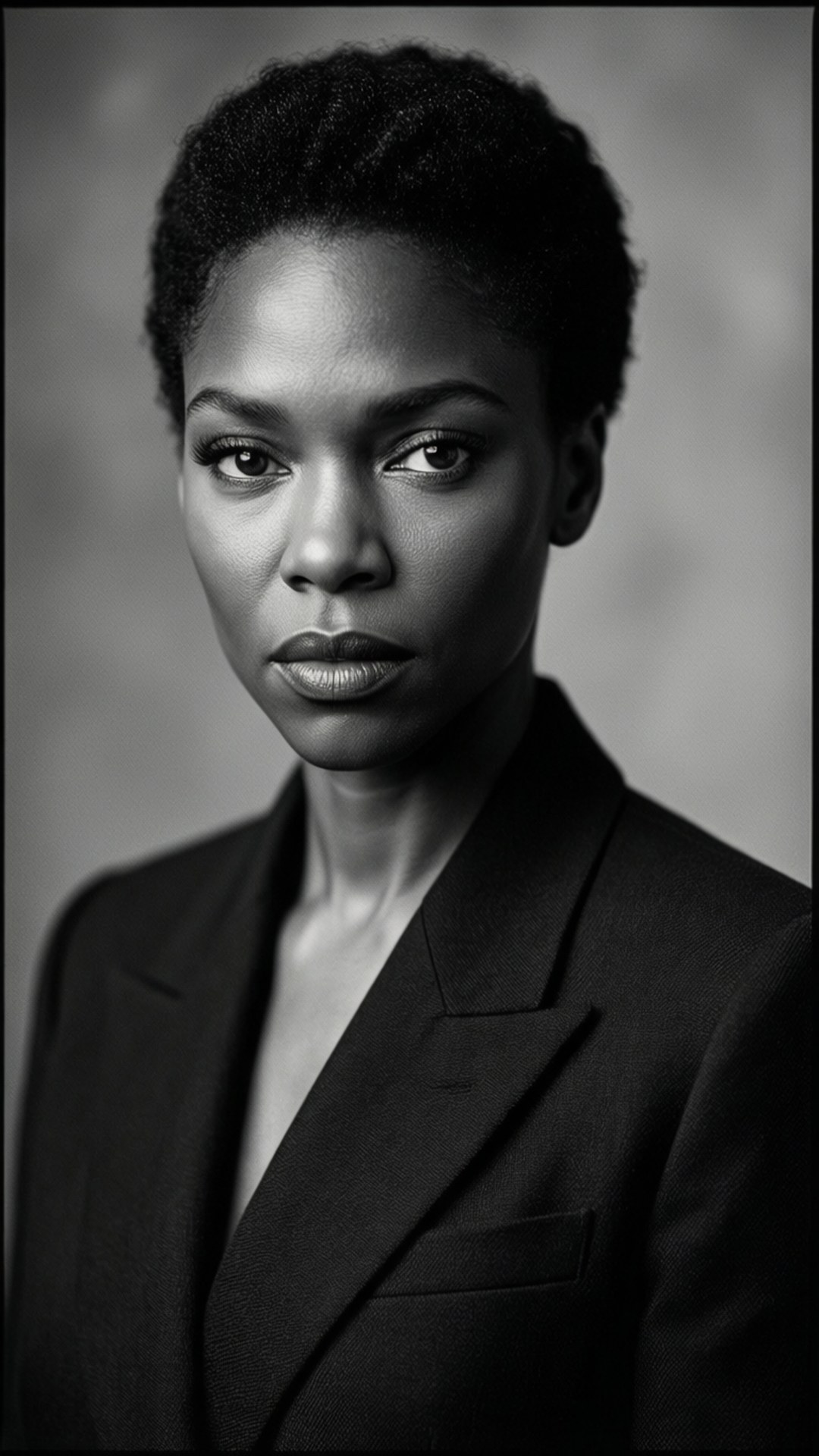 Letitia Wright, black and white portrait, sharp suit, Full HD Phone Wallpaper