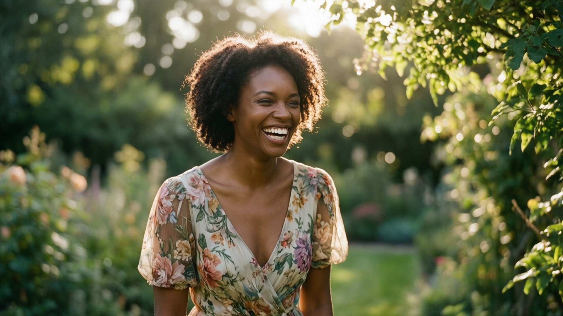 Letitia Wright, sunny garden, floral dress, Full HD Desktop Wallpaper