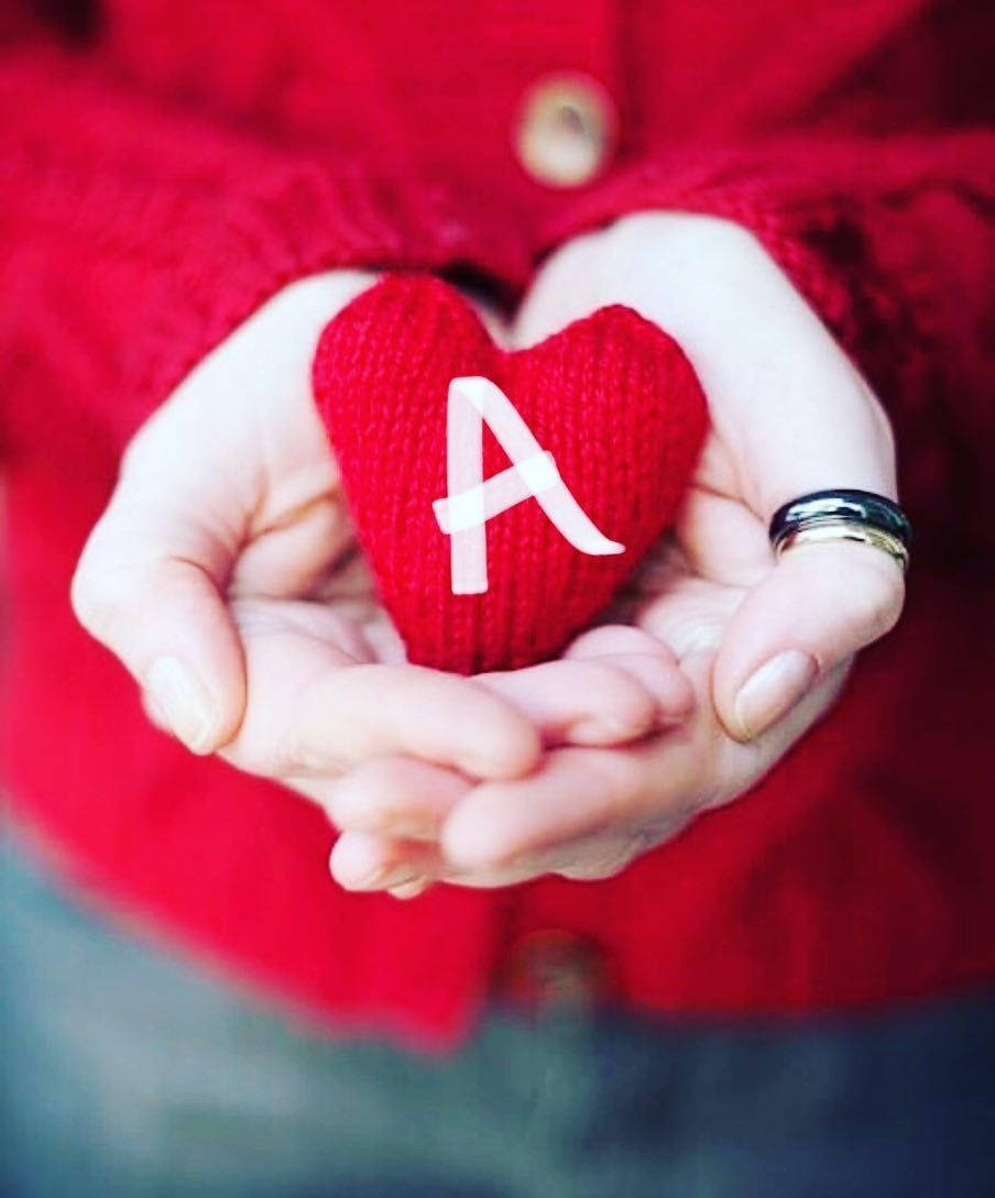 red knitted heart, white letter A, red sweater background, SD Phone Wallpaper