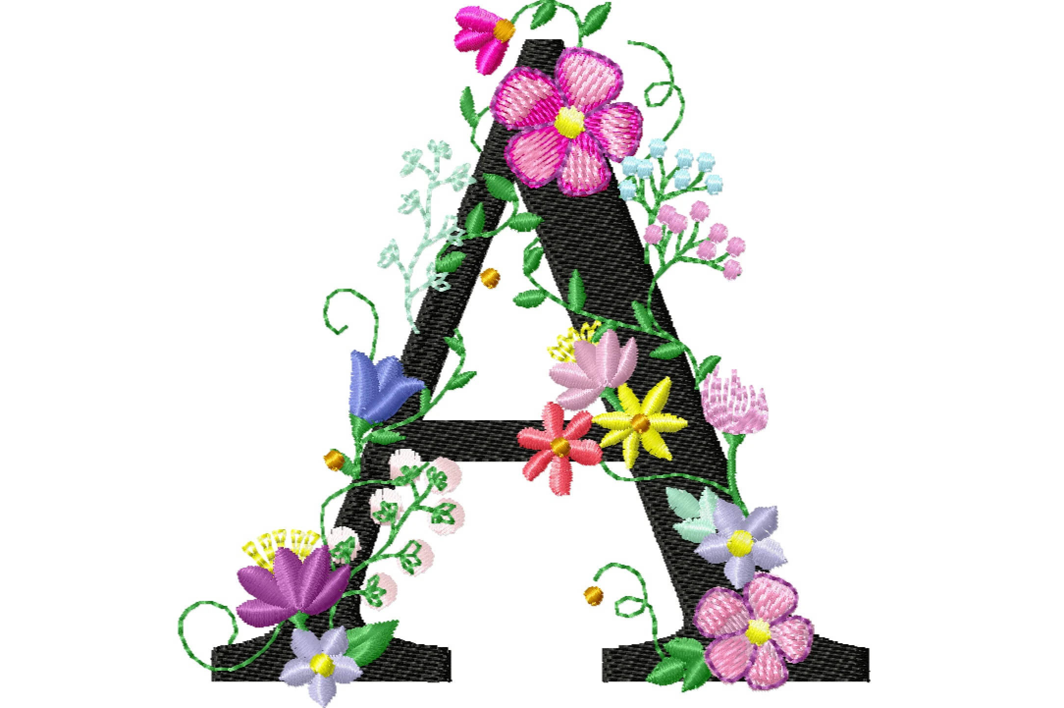 embroidered letter A, colorful flowers, green vines, Full HD Desktop Wallpaper