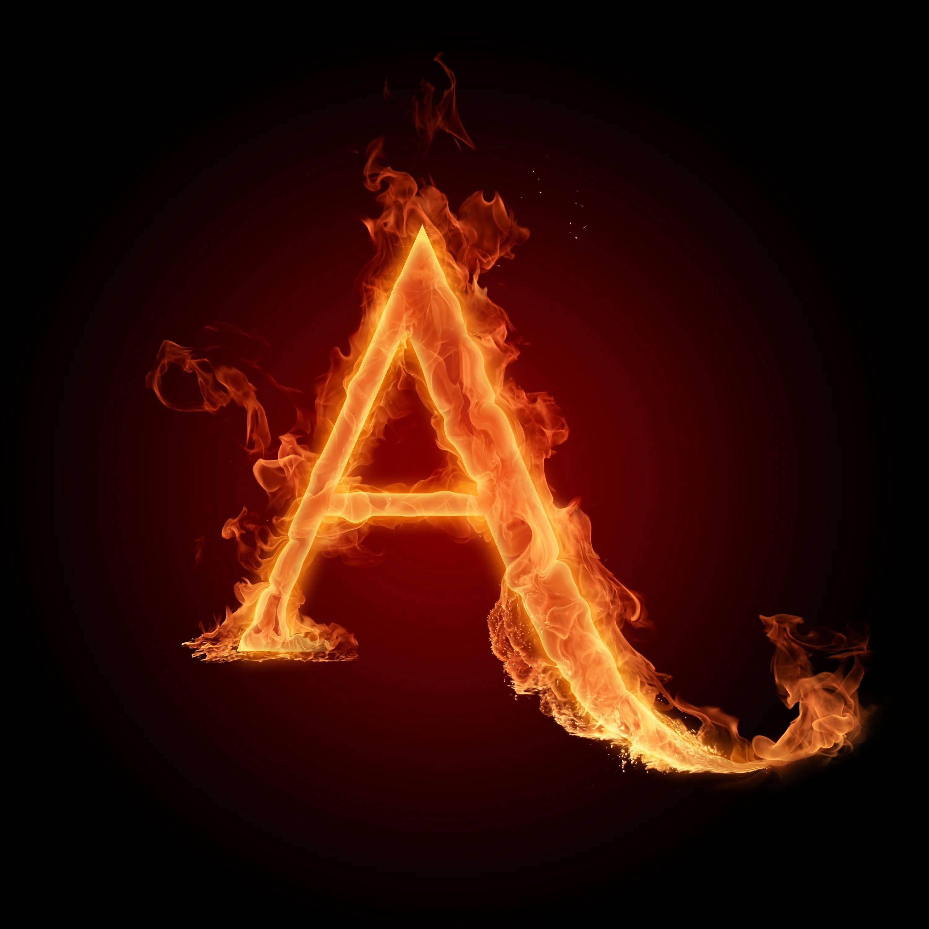 fiery letter A, vibrant orange flames, dark red gradient background, 2K Desktop Wallpaper