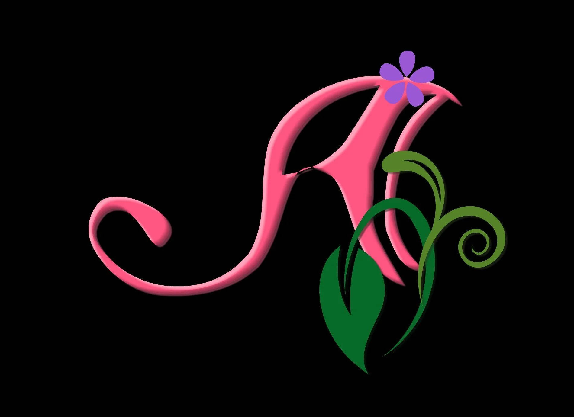 pink floral capital alphabet letter a, purple flower, green leaves, HD Desktop Wallpaper