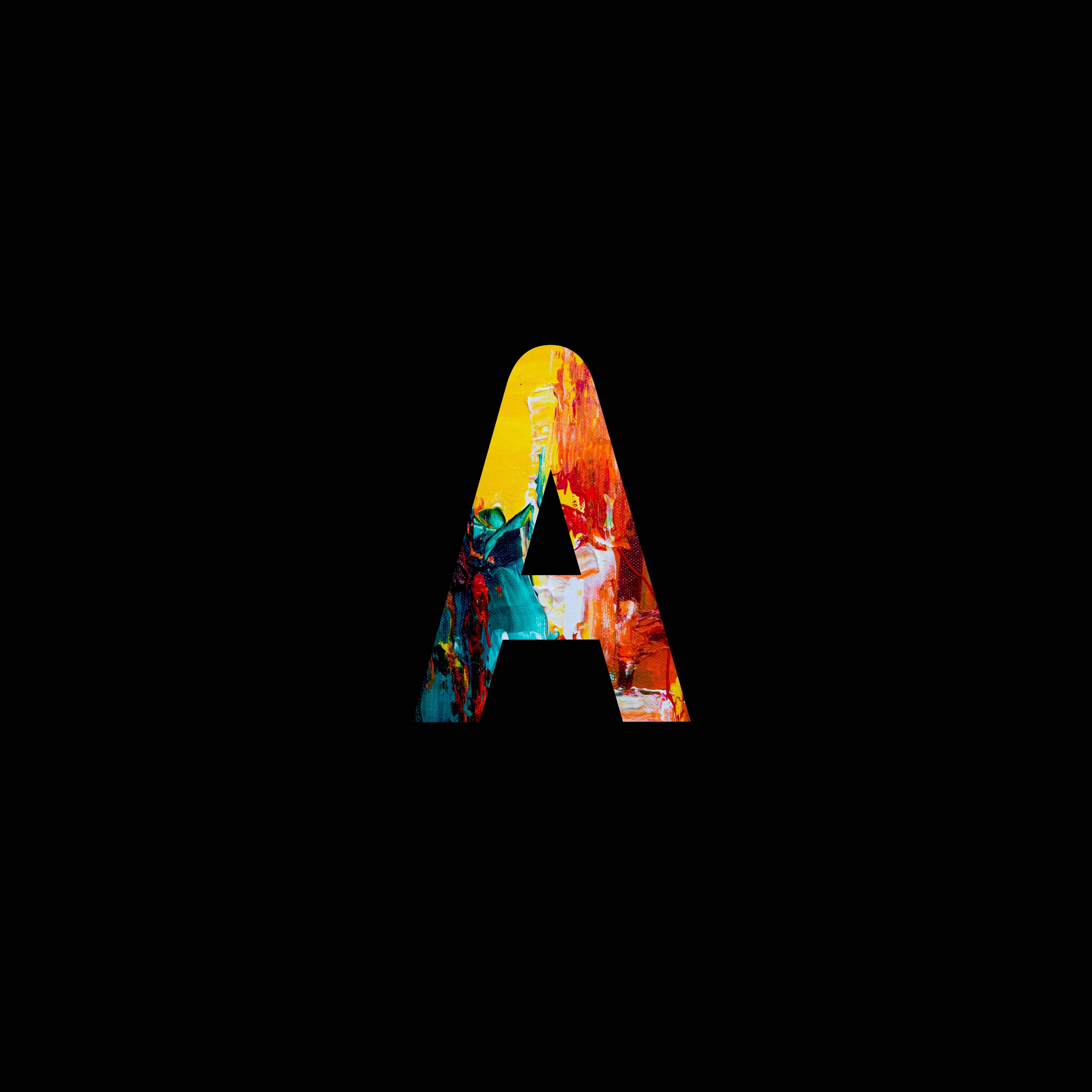 Colorful Letter A, vibrant abstract brushstrokes, stark black background, 4K Desktop Wallpaper