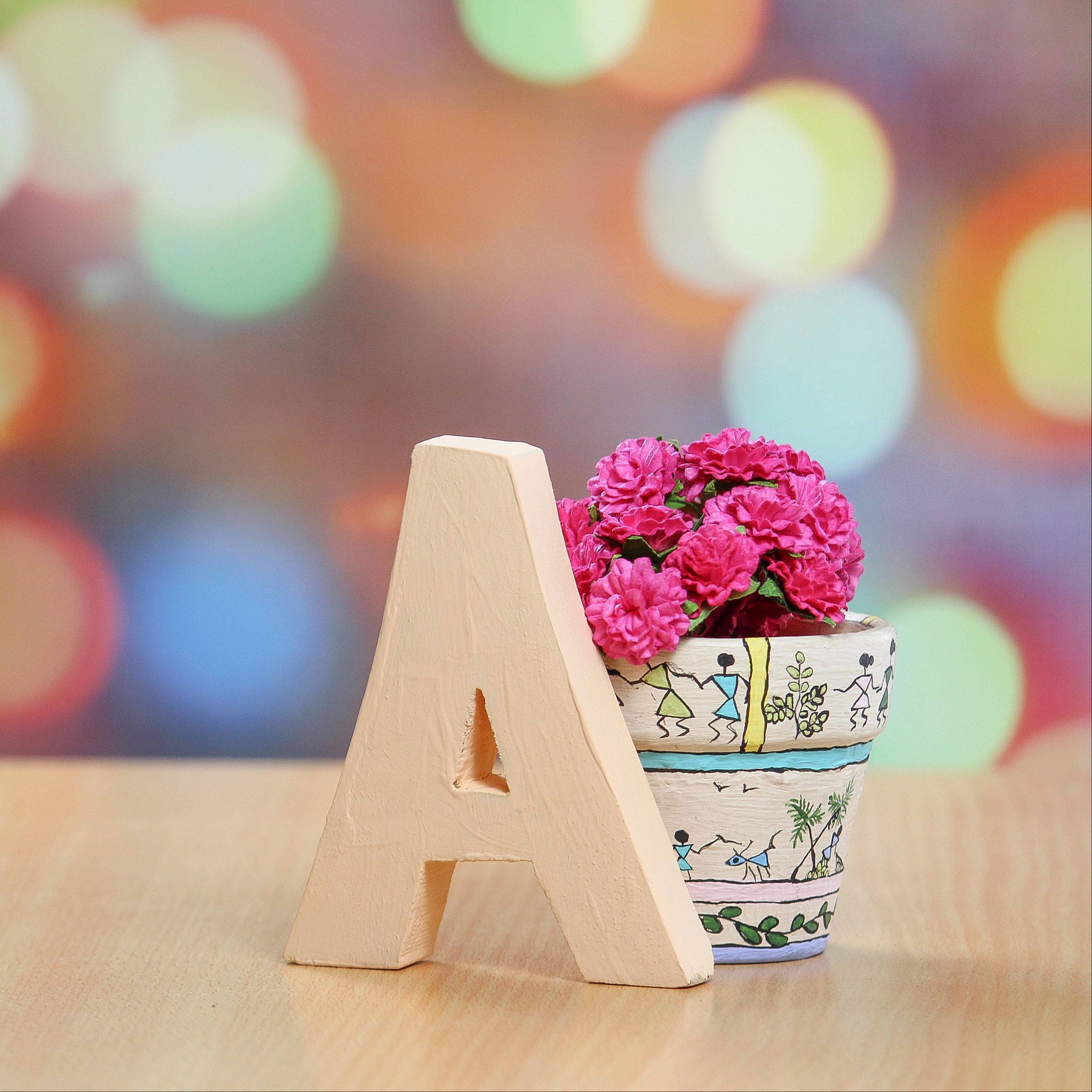 Capital Alphabet Letter A, wooden letter A, hand-painted pot, 2K Desktop Wallpaper