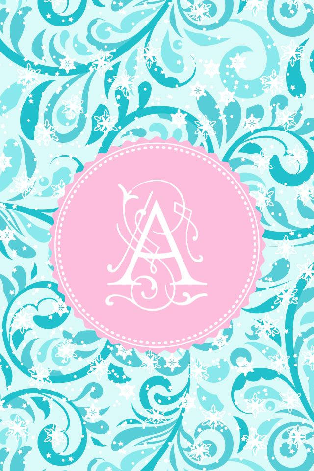 pink circular monogrammed 'A', white swirls, turquoise and white floral patterned wallpaper, SD Phone Wallpaper