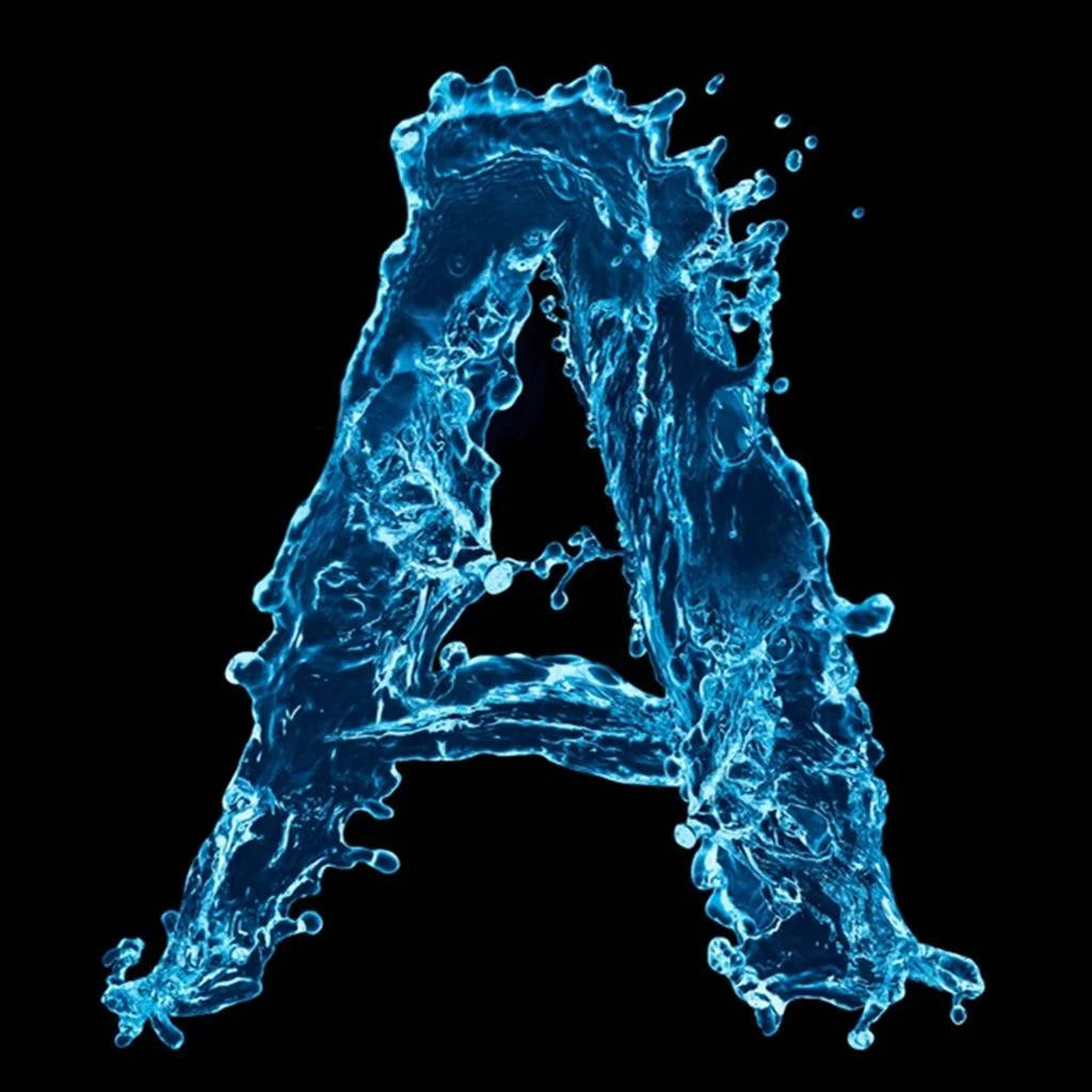 Letter A, blue water, black background, SD Desktop Wallpaper