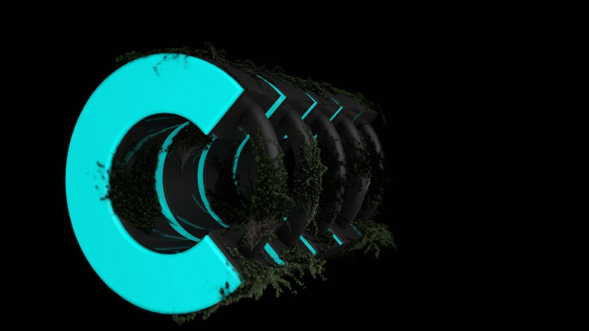 glowing cyan letter C, moss, dark segmented surface, Full HD Desktop Wallpaper