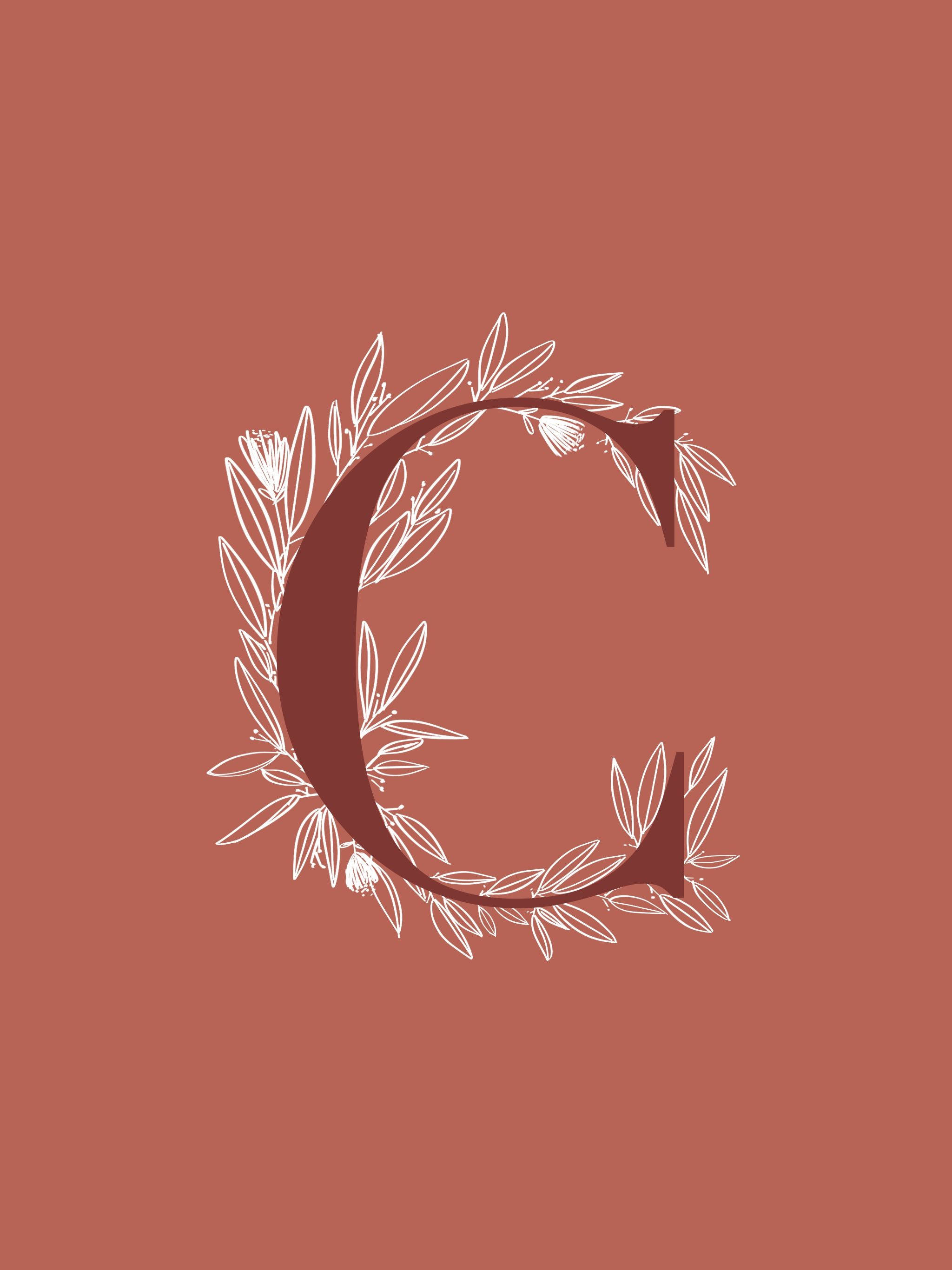 letter C, white floral wreath, warm terracotta background, 2K Phone Wallpaper
