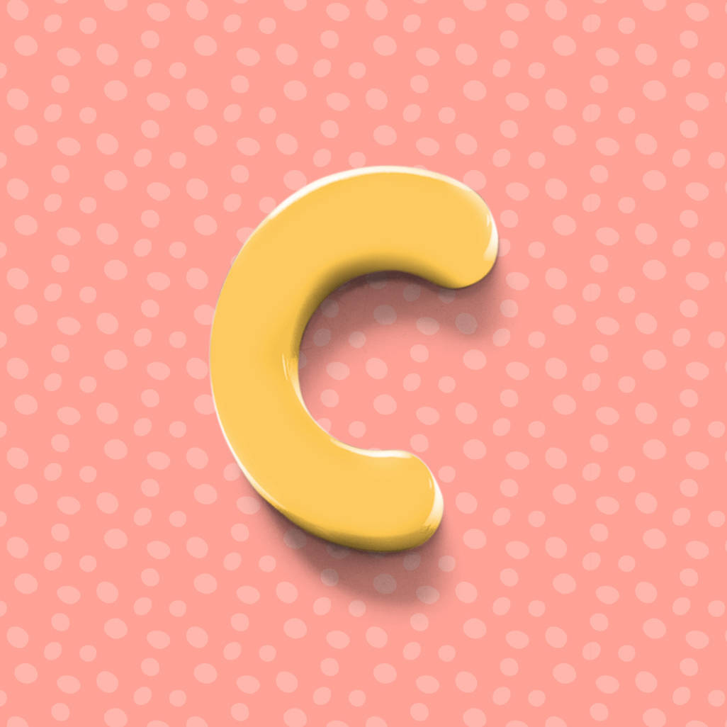 3D letter C, glossy yellow, pink background, SD Desktop Wallpaper