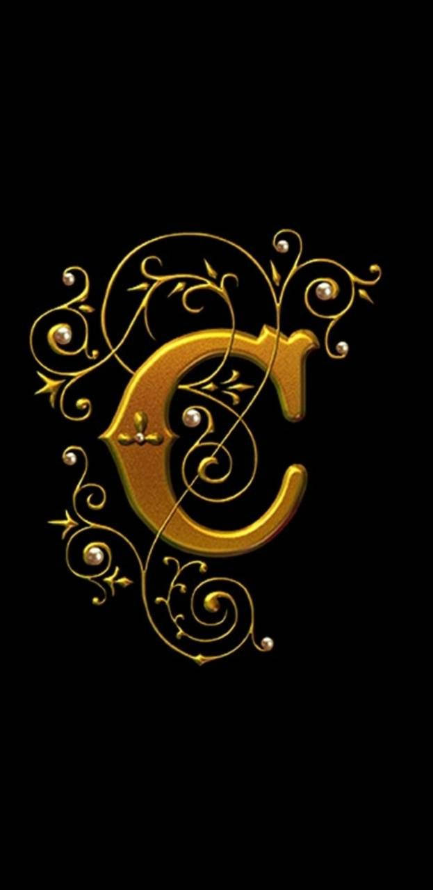 gold ornate letter C, swirling vines, pearls, HD Phone Wallpaper