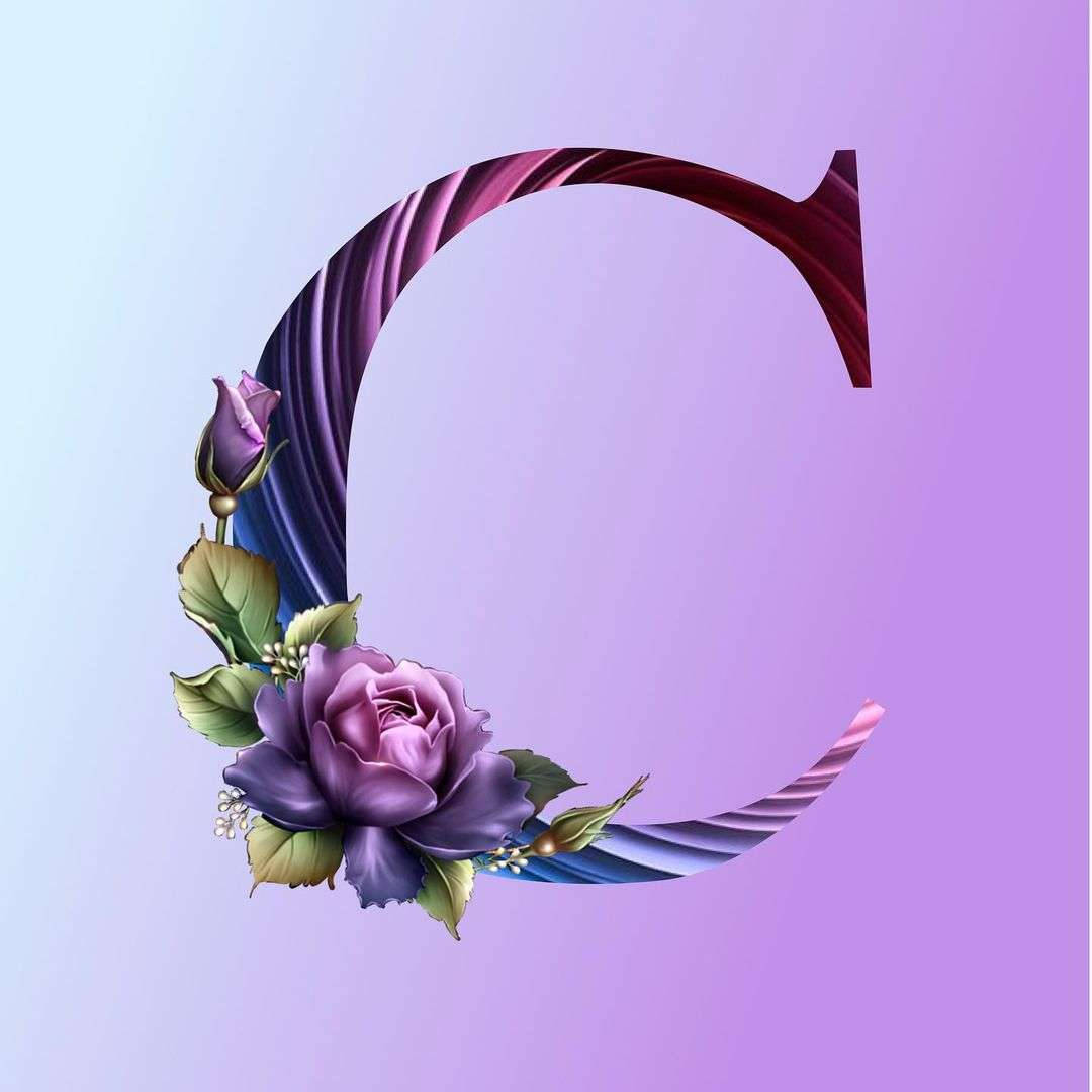 Letter C, purple roses, green leaves, SD Desktop Wallpaper