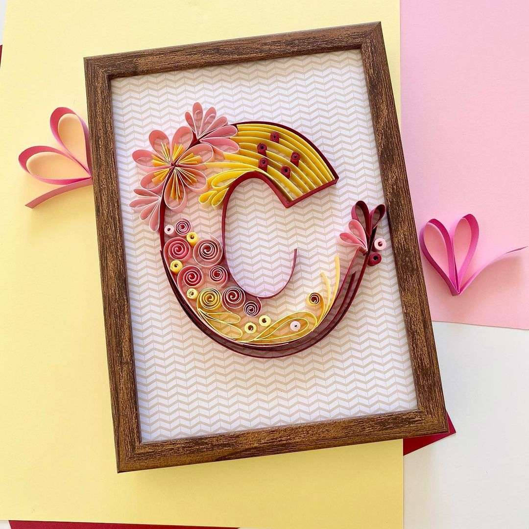 quilled letter C, pink yellow and red paper flowers, swirls, SD Desktop Wallpaper