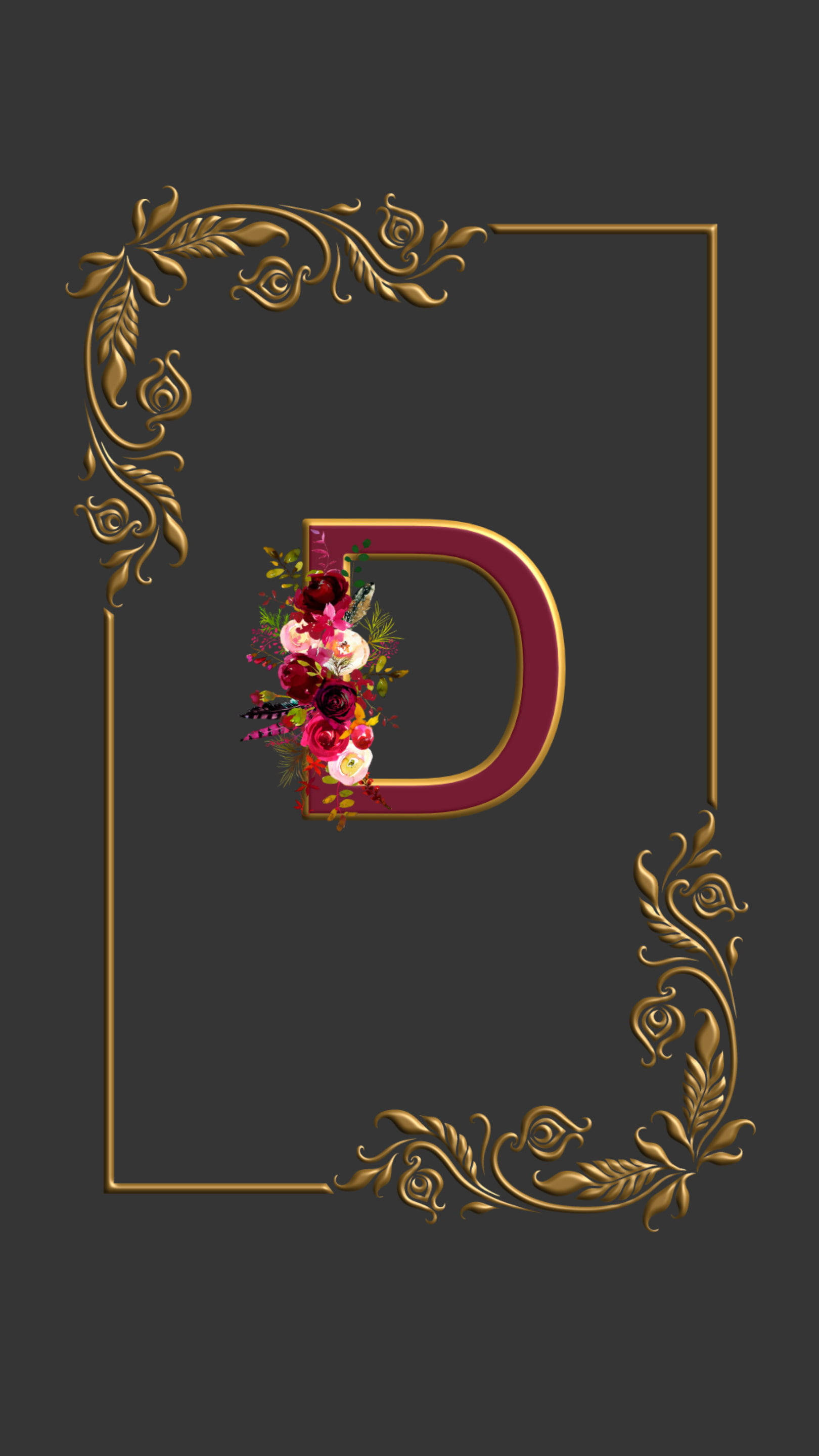 maroon, vibrant flowers, ornate gold frame, 2K Phone Wallpaper