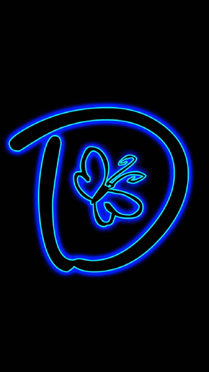 blue neon, butterfly logo, curved letter D, HD Phone Wallpaper