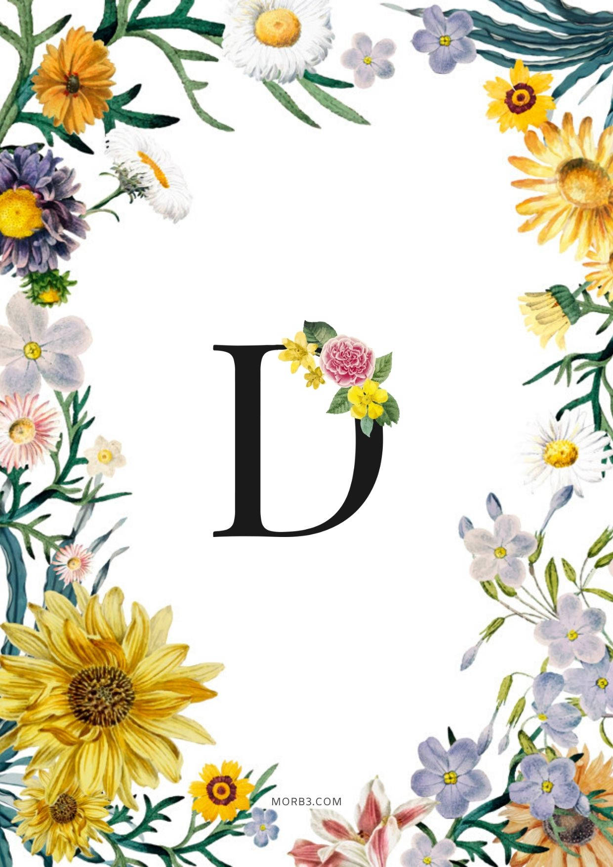 Letter D, yellow plants, watercolor floral border, HD Phone Wallpaper