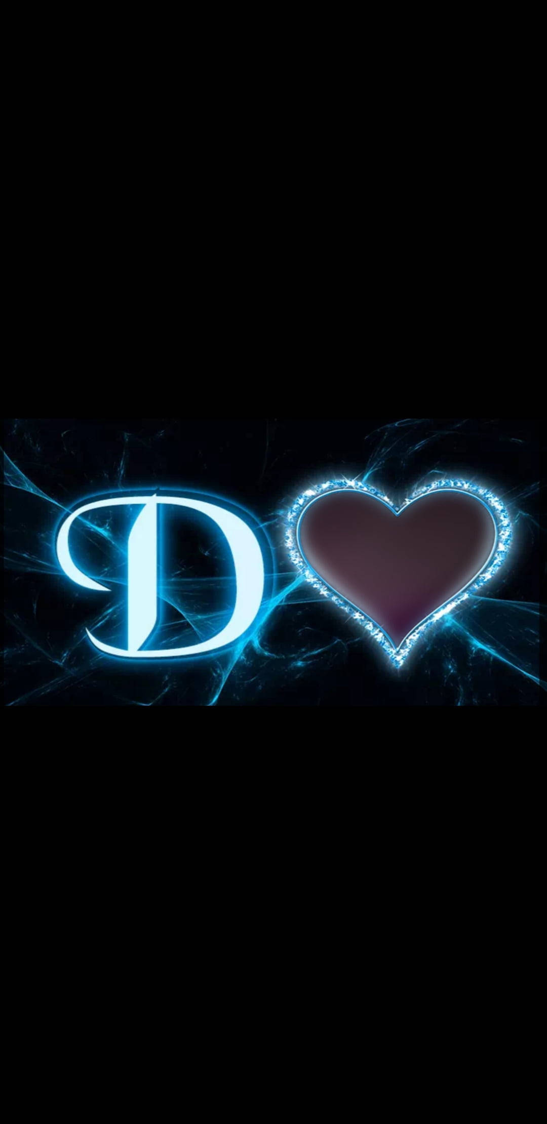 glowing blue letter D, heart symbol, dark cosmic background, Full HD Phone Wallpaper