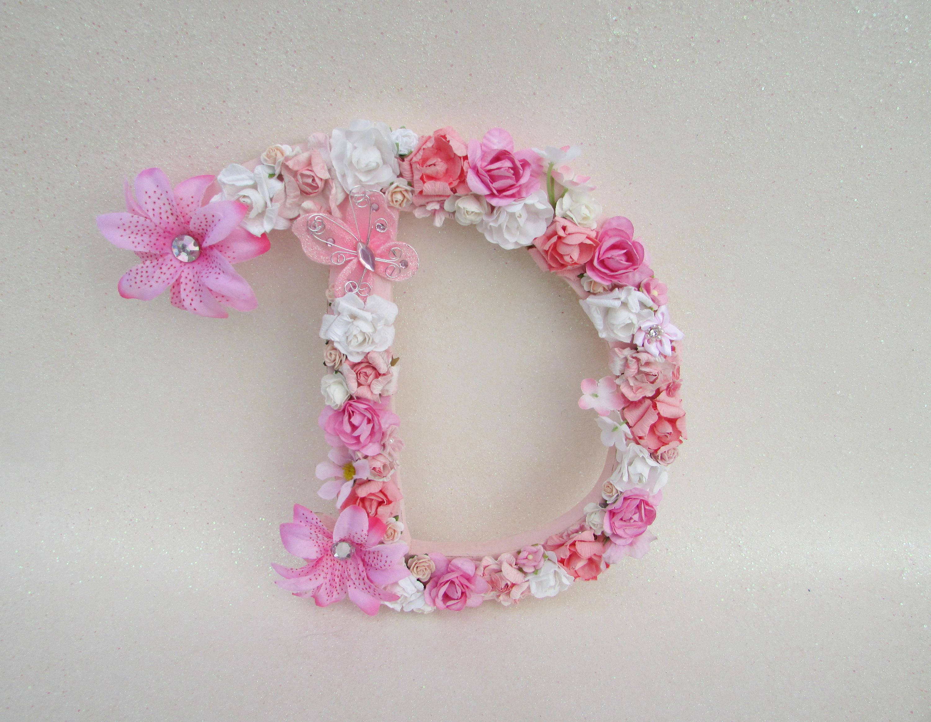 Pink Butterfly Letter D, pink and white flowers, butterfly, 2K Desktop Wallpaper