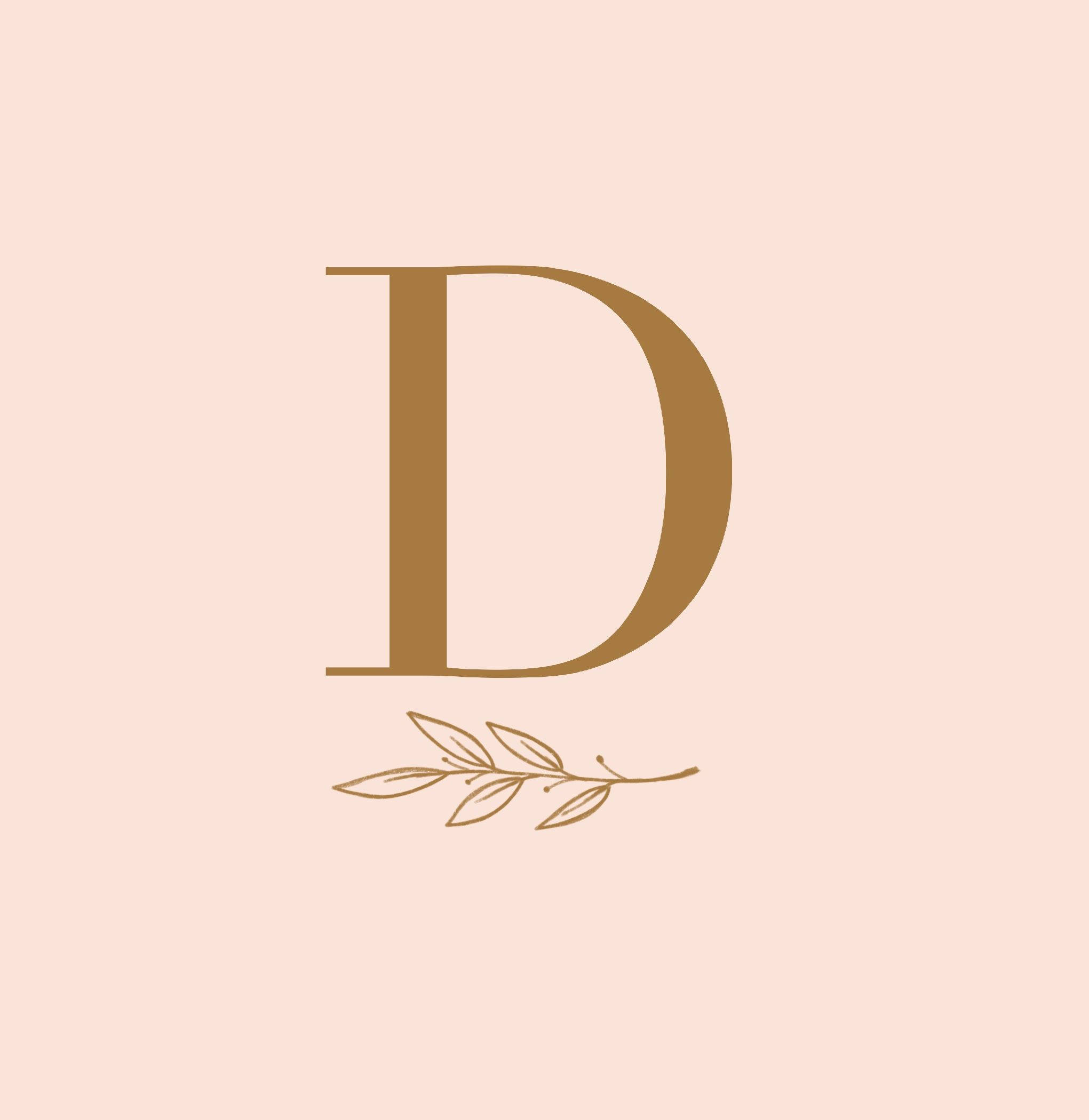 golden letter D, laurel branch, soft peach background, Full HD Phone Wallpaper