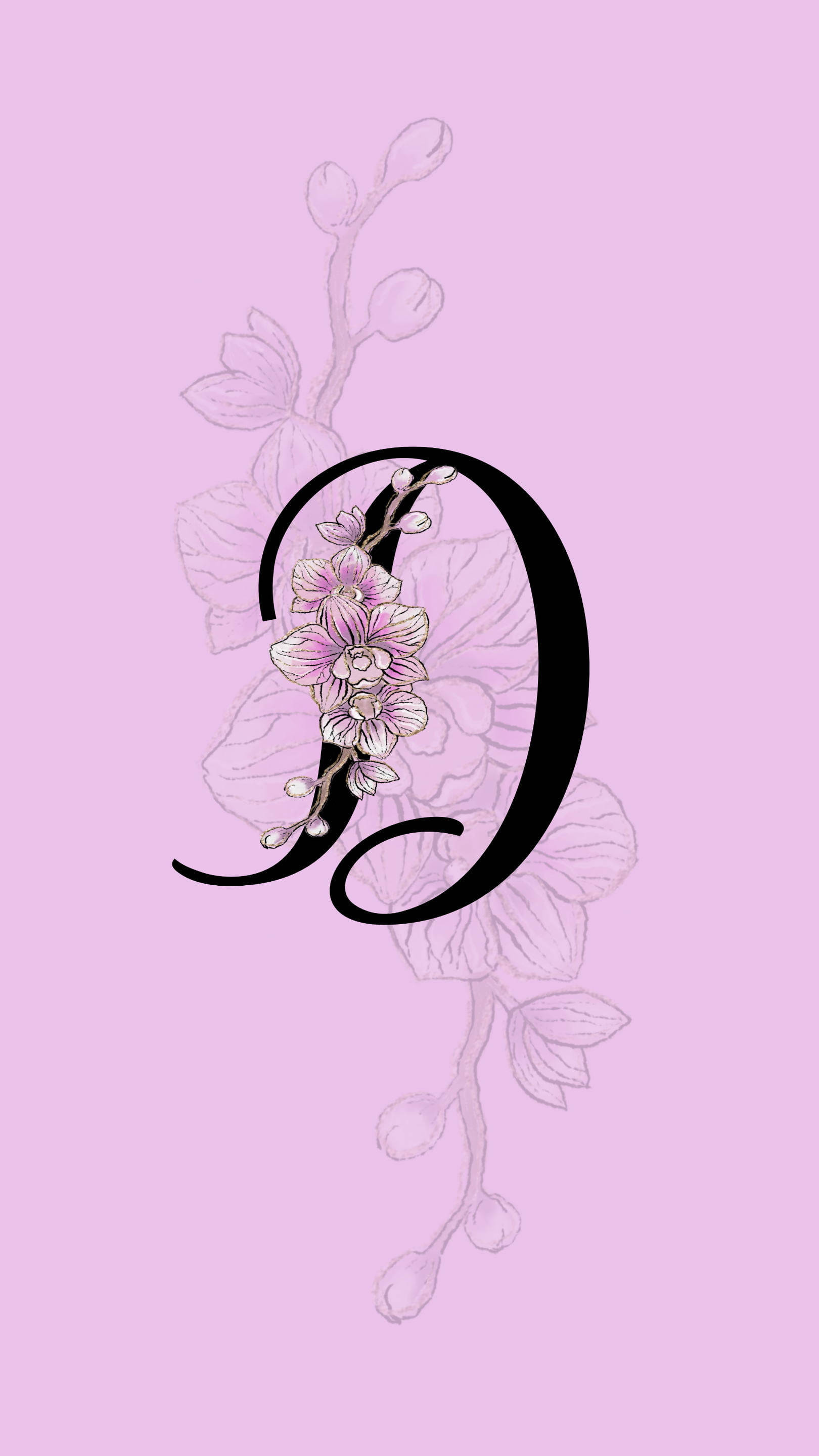 black letter D, pink and white flowers, lavender background, 2K Phone Wallpaper