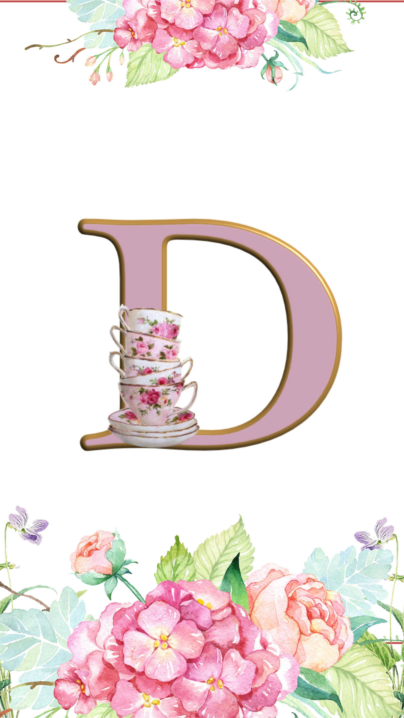letter D, floral teacups, watercolor hydrangeas, 2K Phone Wallpaper
