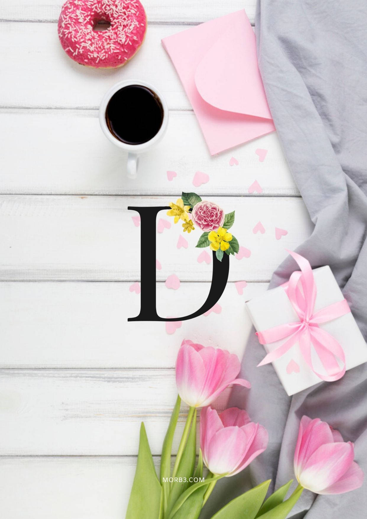 letter D, pink donut coffee cup, gift box, HD Phone Wallpaper