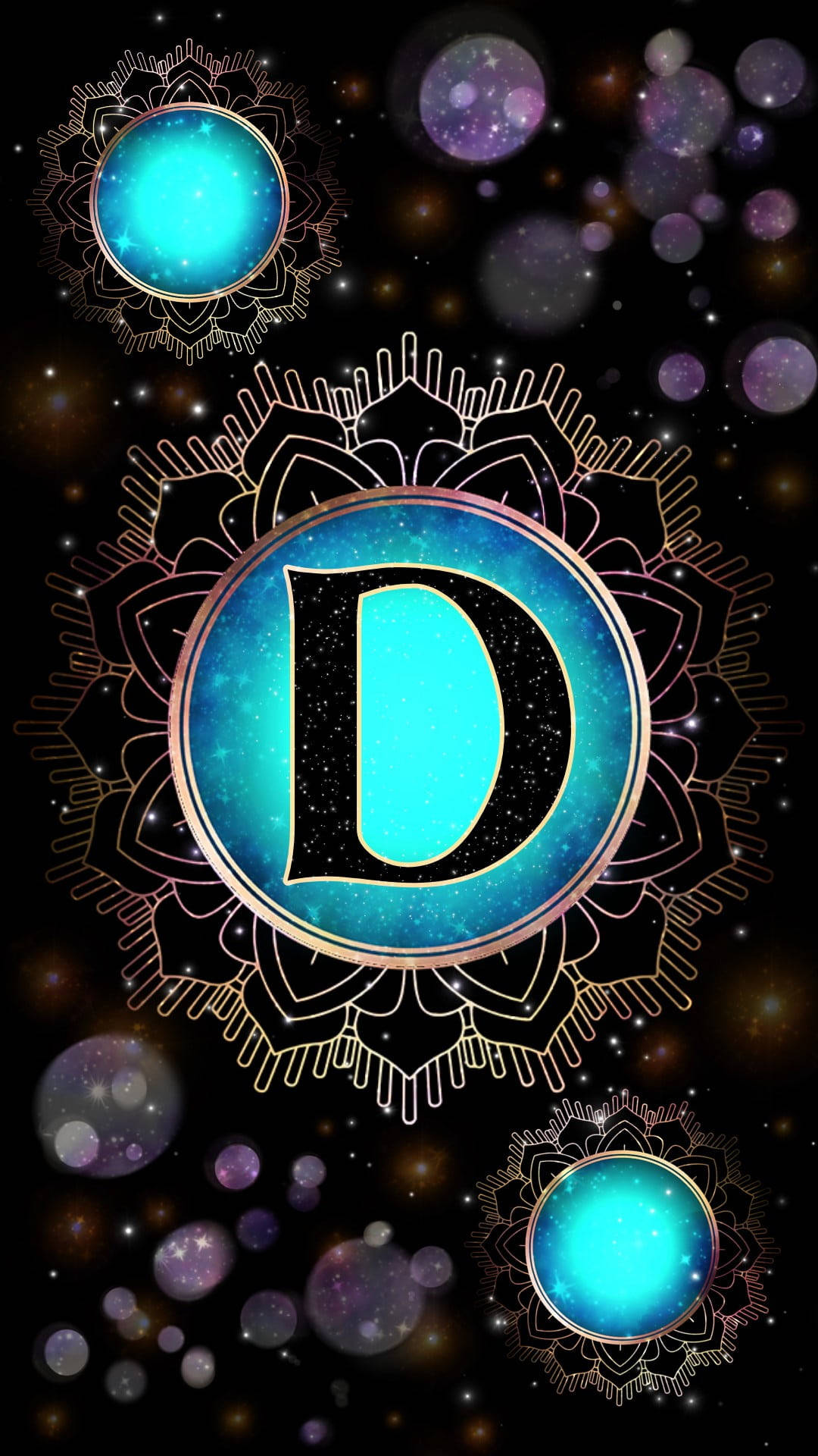 Letter D, glowing blue circle, intricate mandala patterns, Full HD Phone Wallpaper