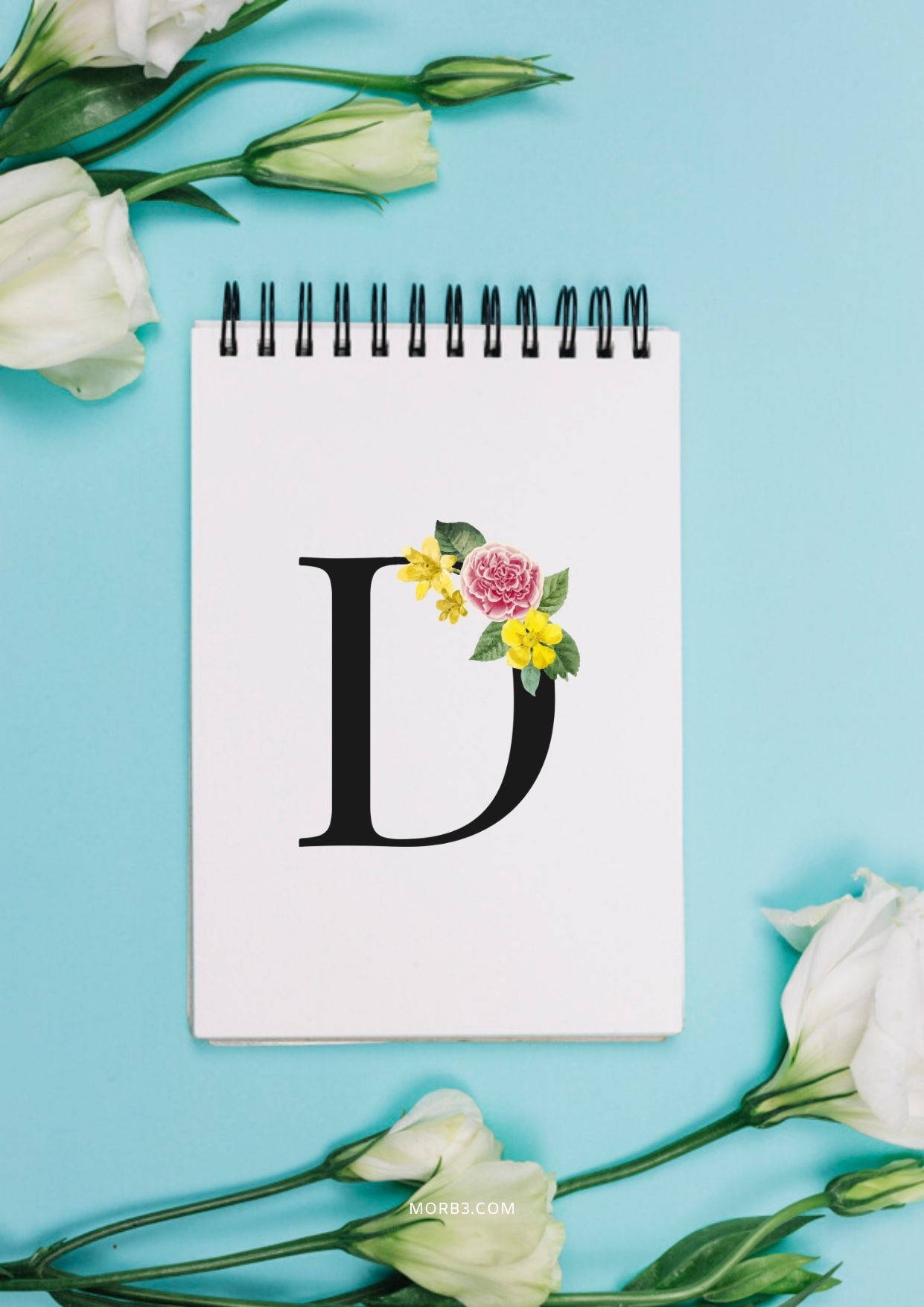 white spiral notebook, black letter D, pink and yellow flowers, HD Phone Wallpaper