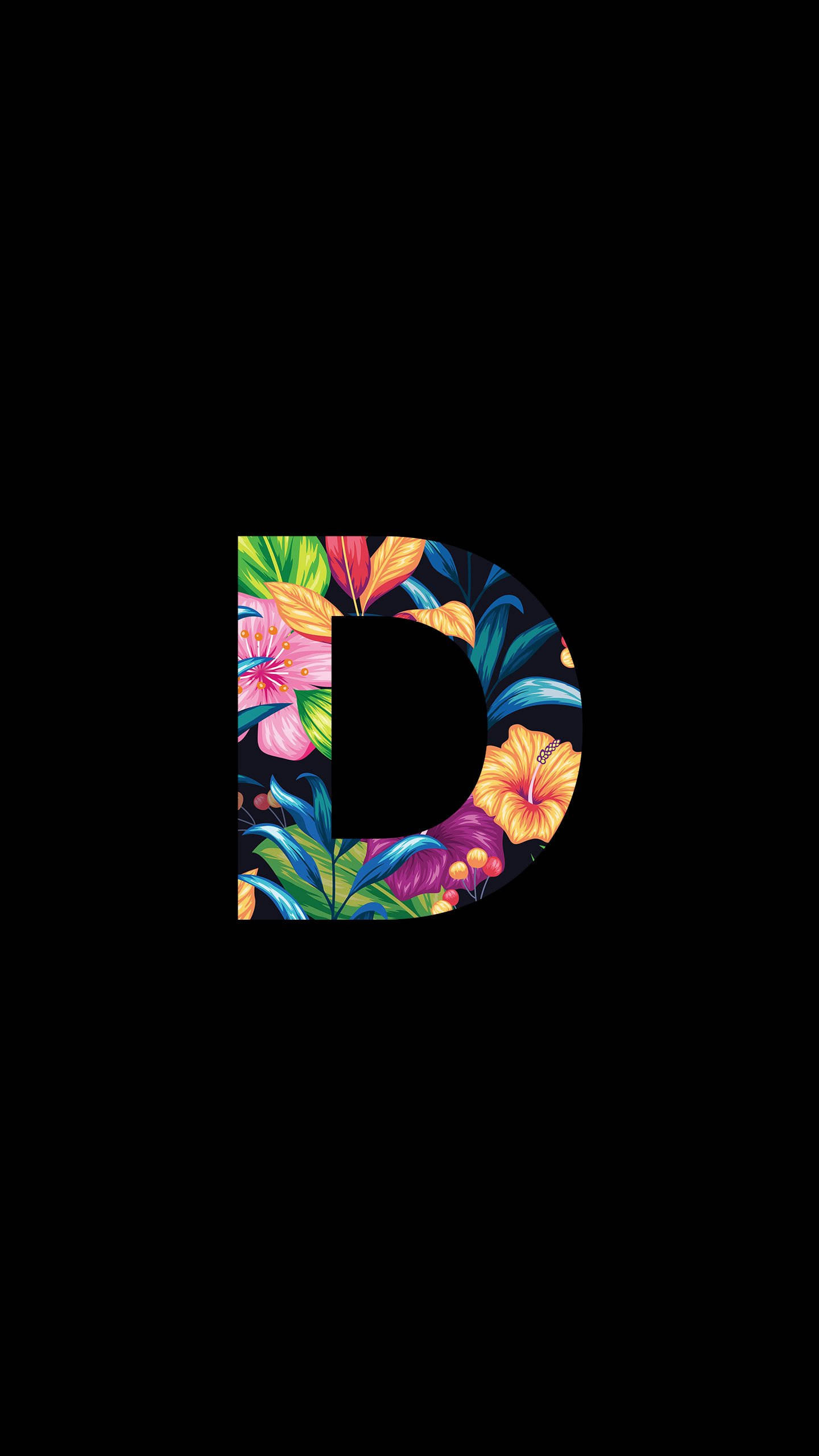 black, floral, letter D, 2K Phone Wallpaper