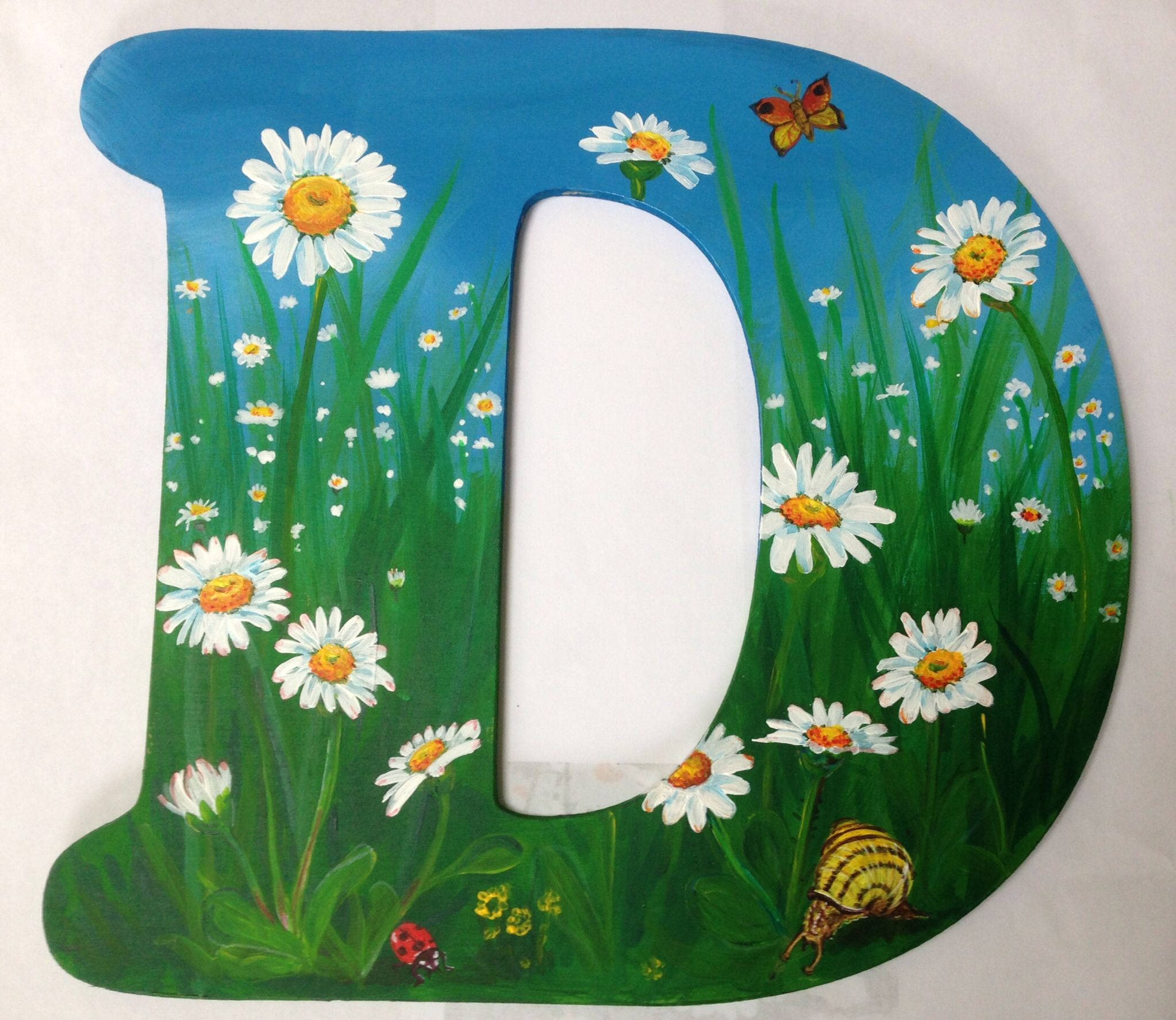 letter D, white daisies, butterfly, Full HD Desktop Wallpaper