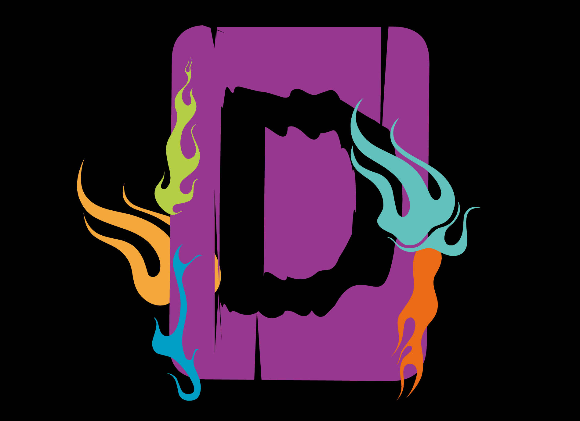 purple block letter D, vibrant multicolored flames, black background, HD Desktop Wallpaper