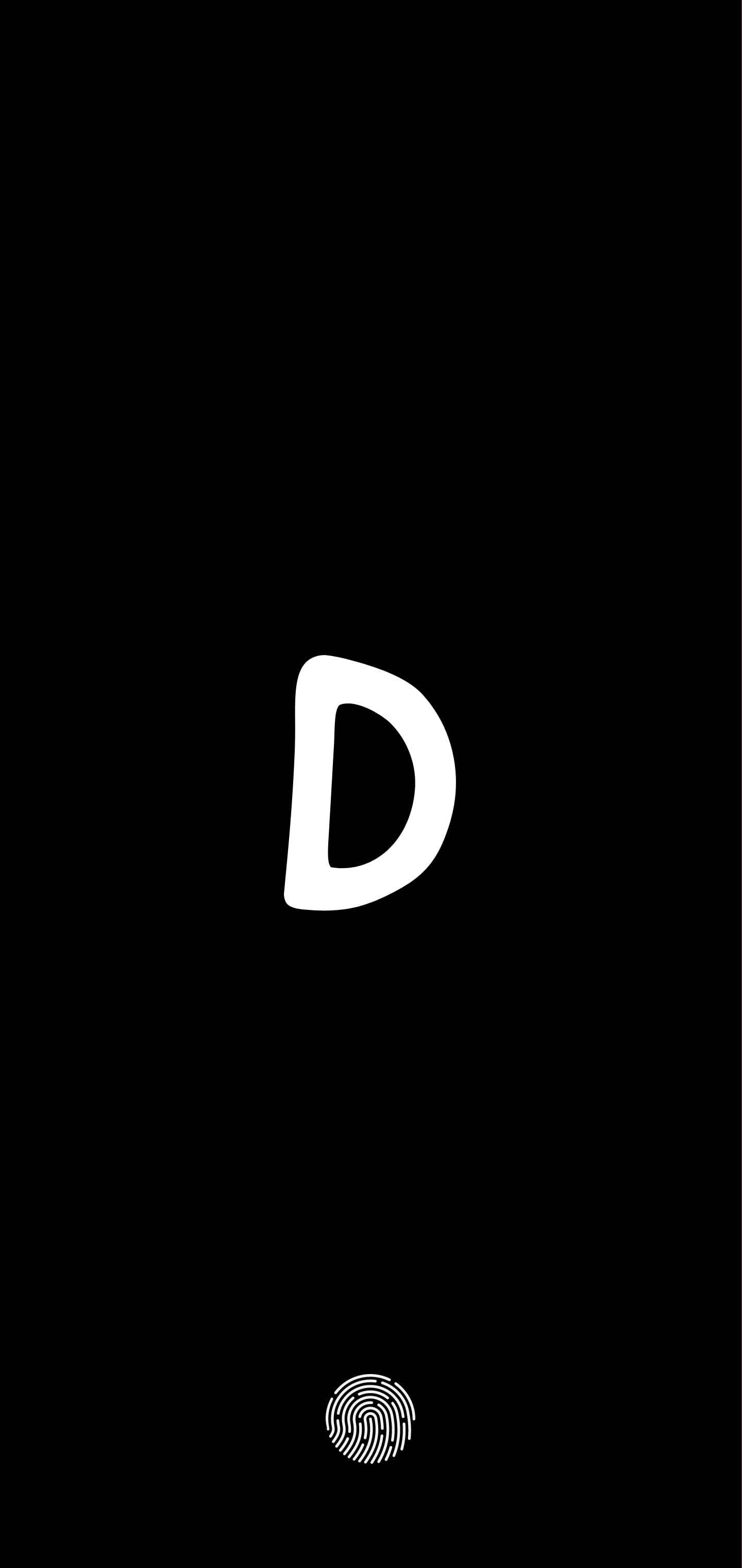 white letter D, fingerprint icon, stark black background, 2K Phone Wallpaper