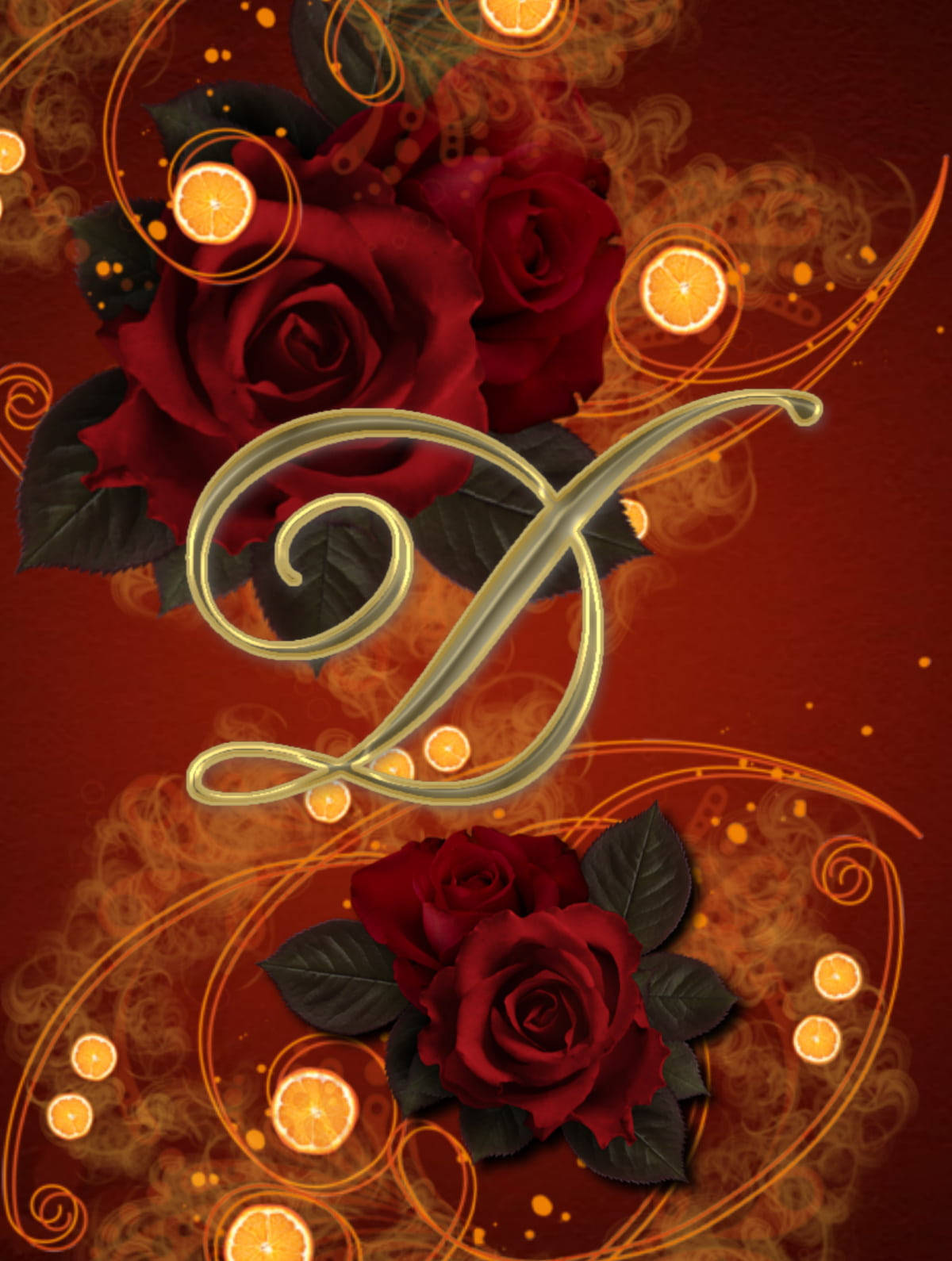 golden ornate letter D, rich red roses, glowing orange citrus slices, HD Phone Wallpaper