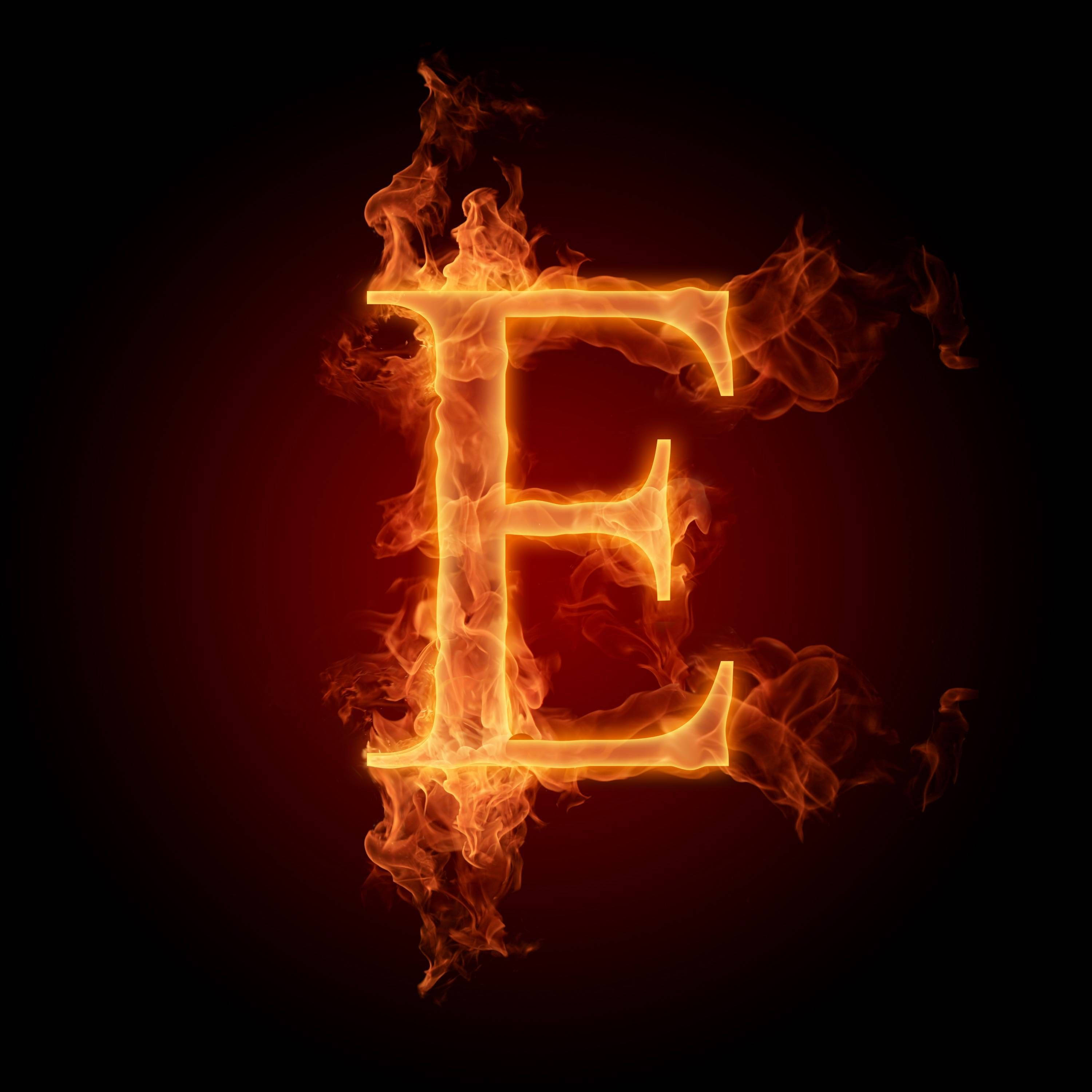 fiery letter E, glowing orange flames, dark red gradient background, 2K Desktop Wallpaper