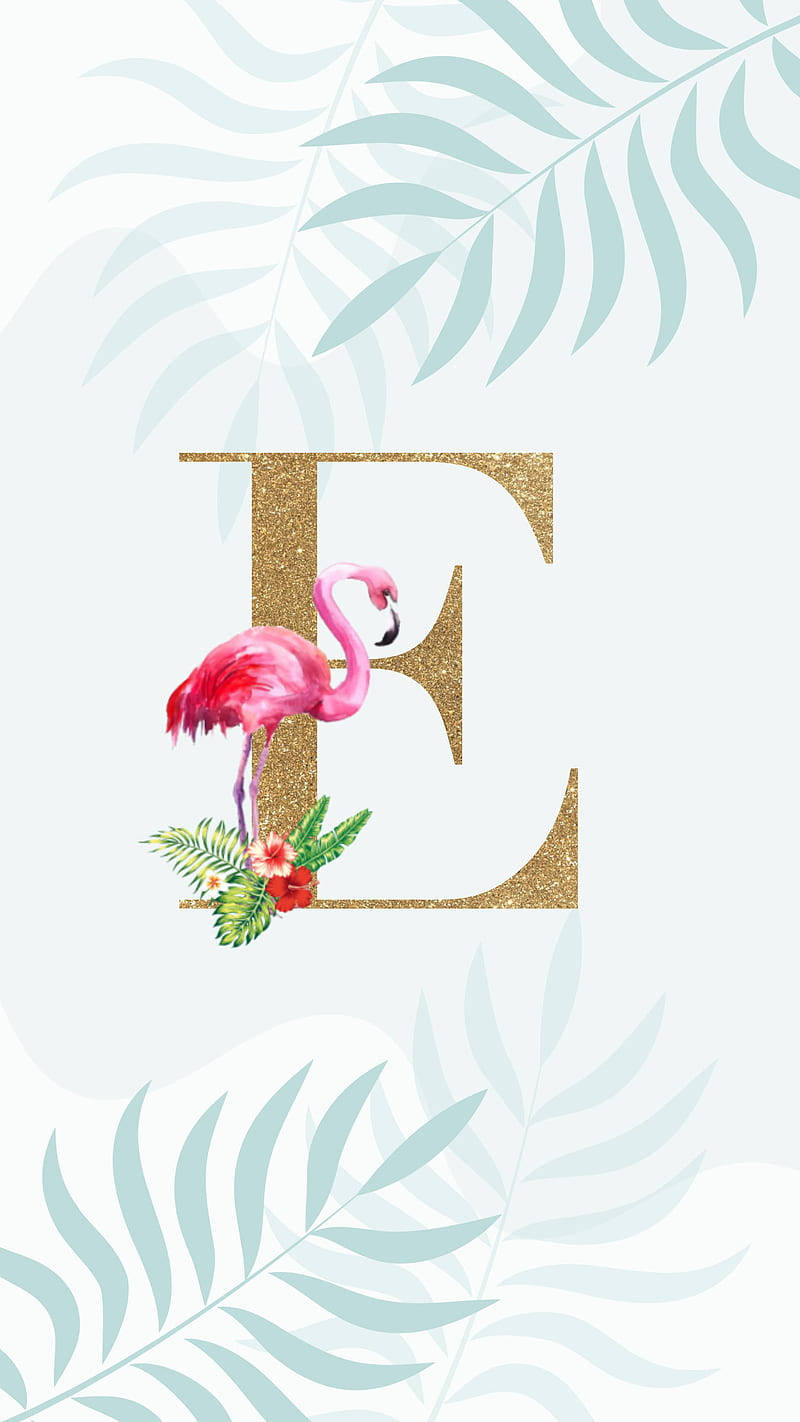 glittery gold letter E, pink flamingo, tropical flowers, HD Phone Wallpaper